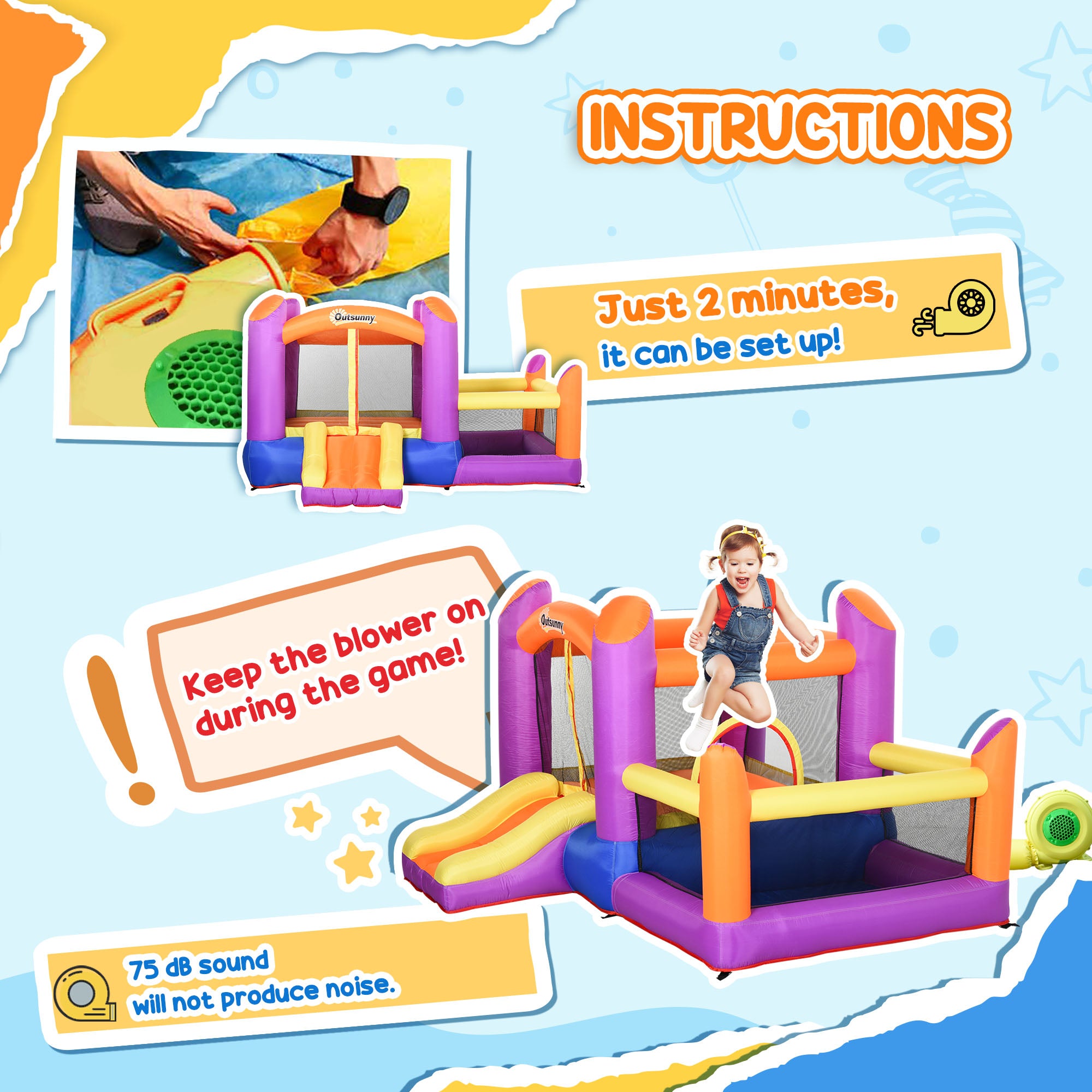 Outsunny Kids Bouncy Castle House Inflatable Trampoline Slide Water Pool 3 in 1 with Blower for Kids Age 3-8 Multi-color 2.8 x 2.5 x 1.7m - North Peak Garden Furniture