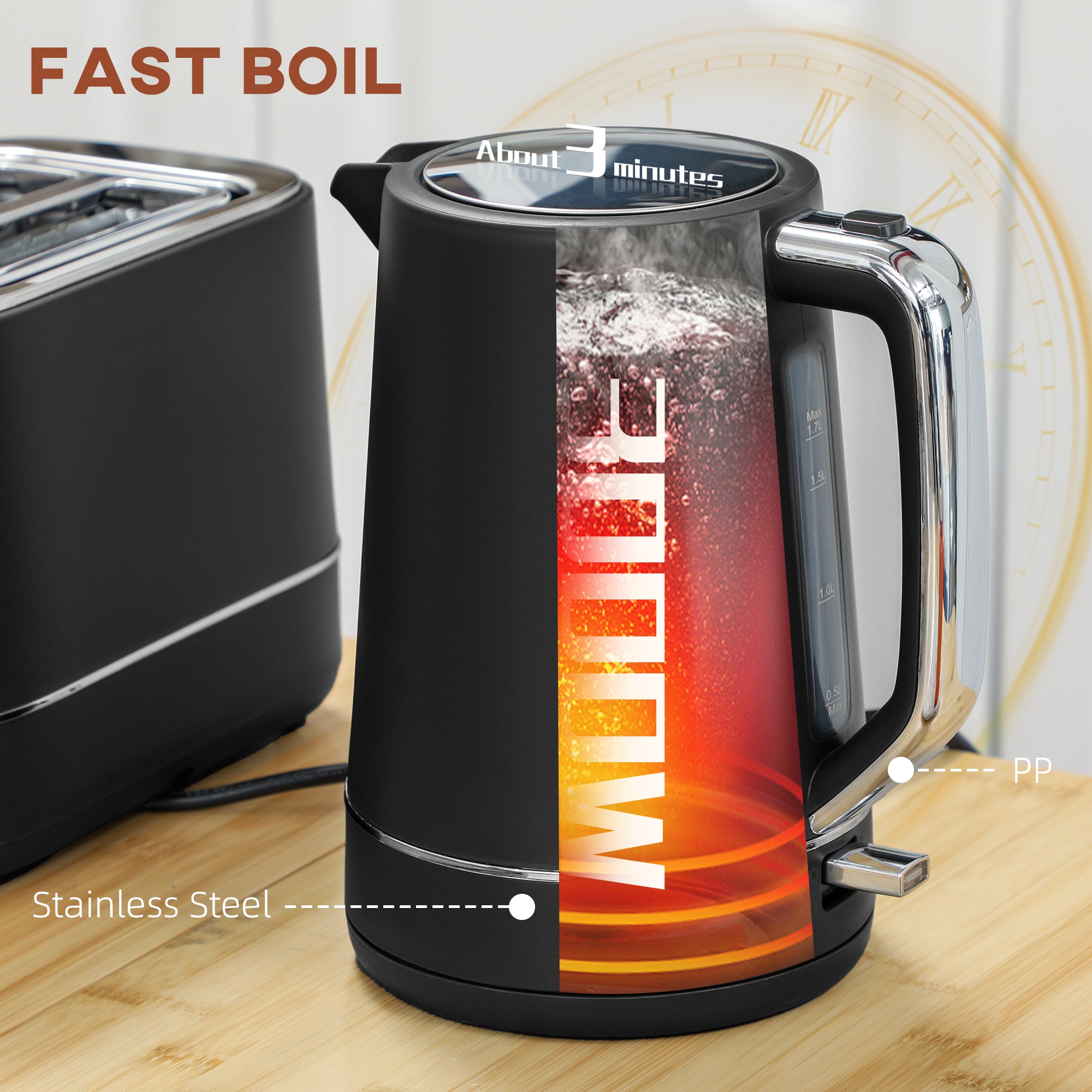 HOMCOM Kettle and Toaster Set, 1.7L 3000W Fast Boil Kettle & 2 Slice Toaster Kitchen Set with 6 Level Browning Controls, Defrost, Reheat, Black - North Peak Garden Furniture