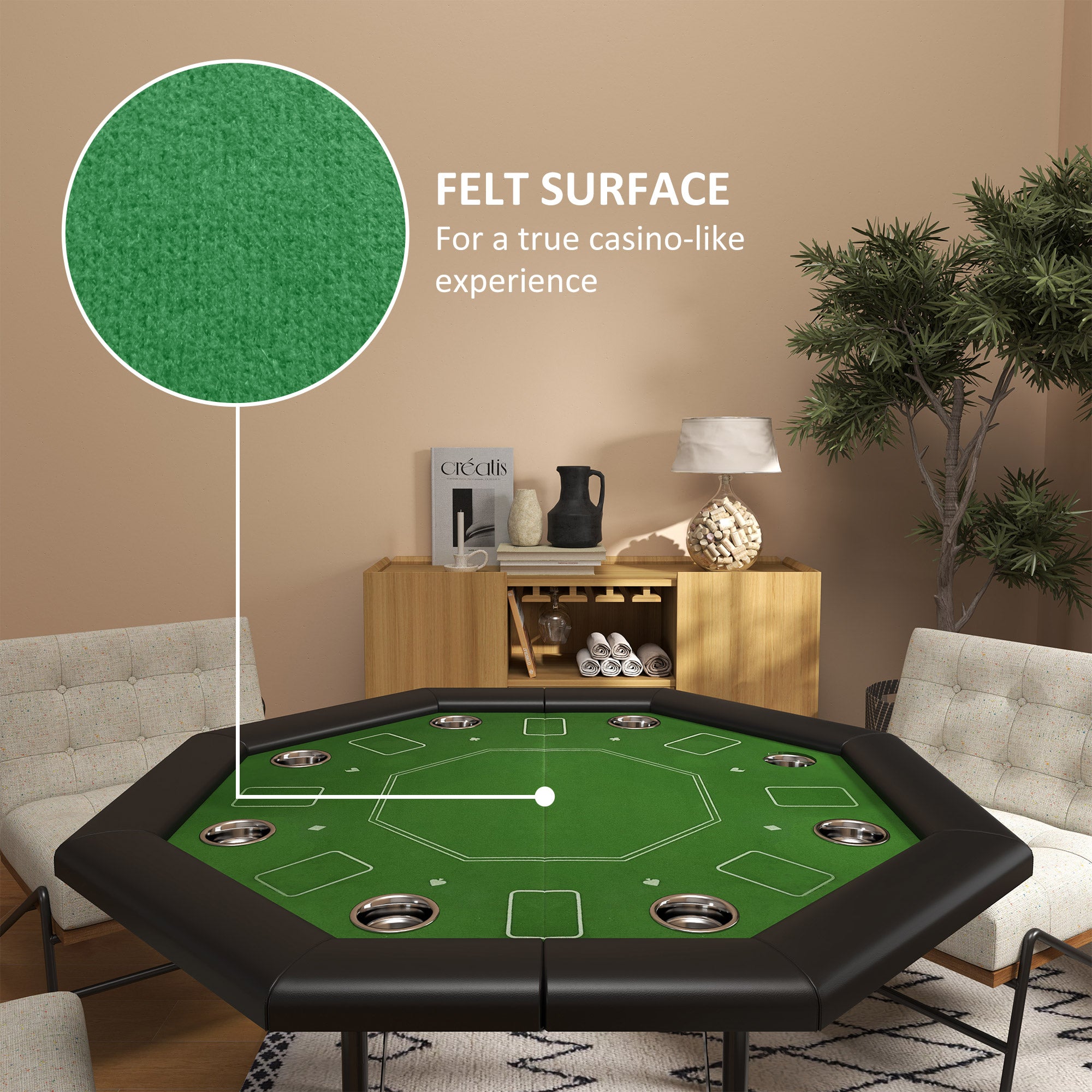 SPORTNOW 8 Player Folding Poker Table, Portable Octagon Blackjack Table with Cup Holders with Cup Holders, Padded Edge, Green - North Peak Garden Furniture