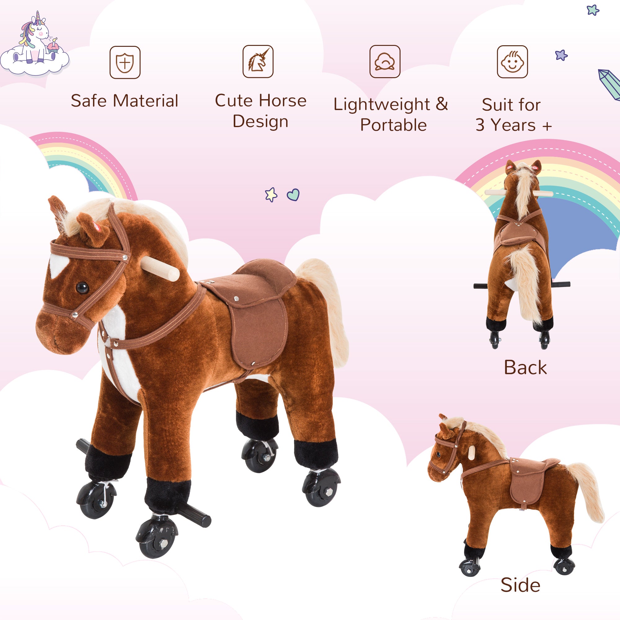 HOMCOM Rocking Horse Kids Ride on Walking Horse Animal Pony Wheeled Riding Plush Toy w/Sound for 3 Years and Up (Brown) - North Peak Garden Furniture