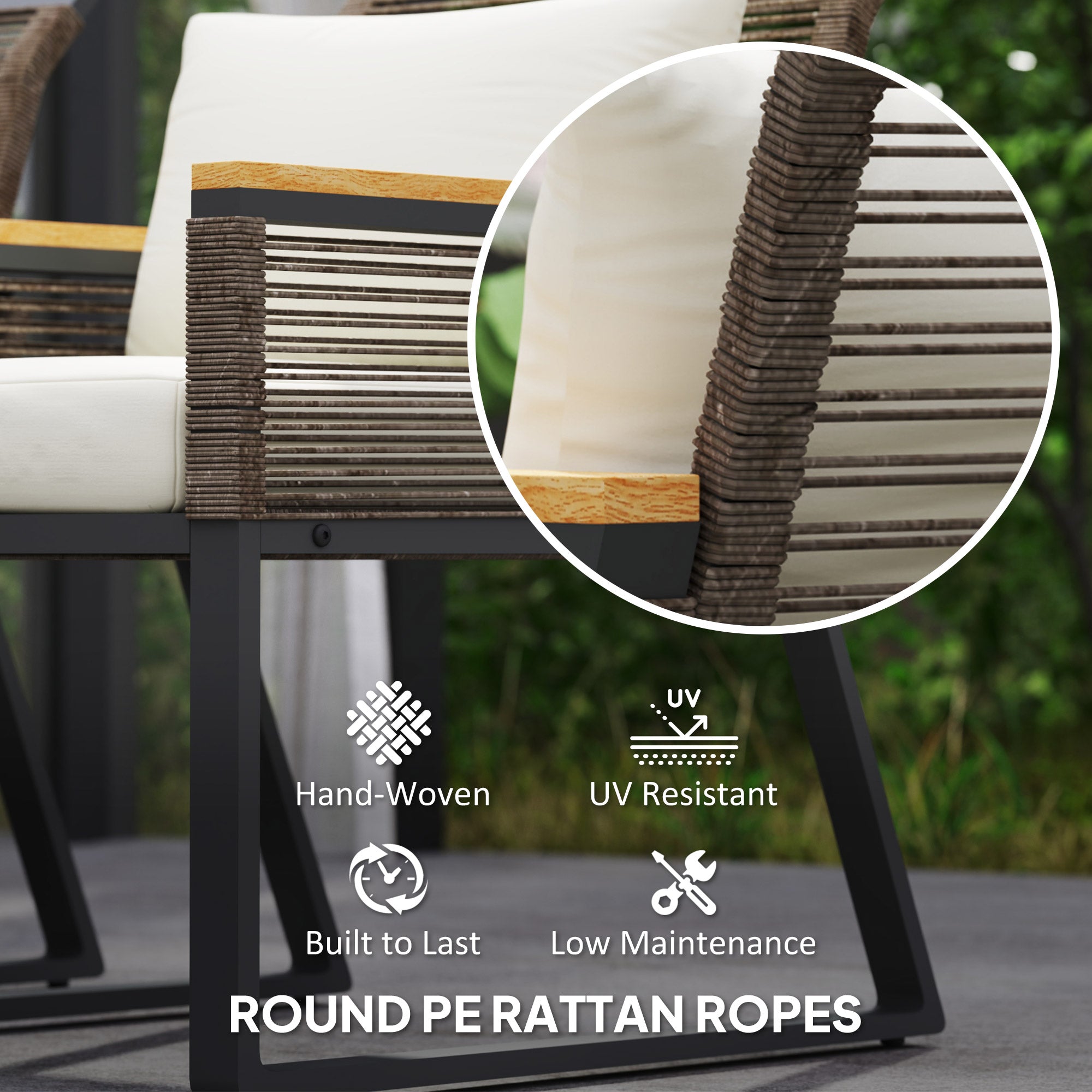 Outsunny Four Piece Wicker Rope Garden Furniture Set with Glass Top Coffee Table - Grey - North Peak Garden Furniture