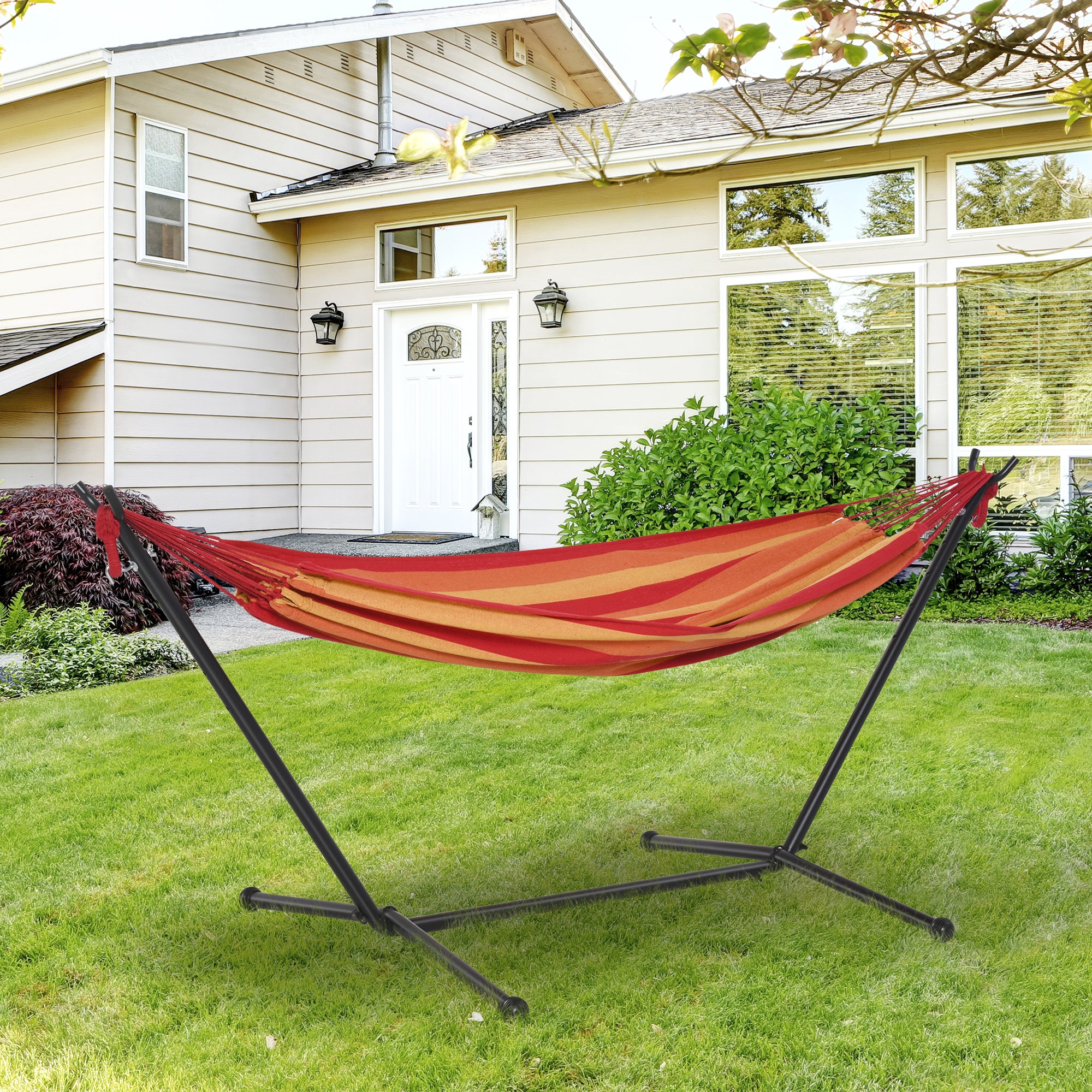 Outsunny Camping Hammock: Portable Stand with Adjustable Height, Striped Hammock with Carrying Bag, 120kg Capacity, 277 x 121cm, Red