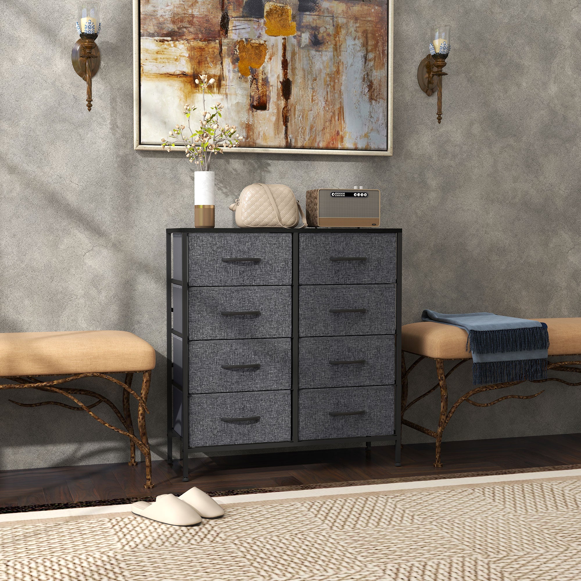 HOMCOM Fabric Chest of Drawers, Storage Drawers, Industrial Bedroom Dresser with 8 Fabric Drawers, Steel Frame and Wooden Top for Nursery, Living Room, Hallway, Black - North Peak Garden Furniture