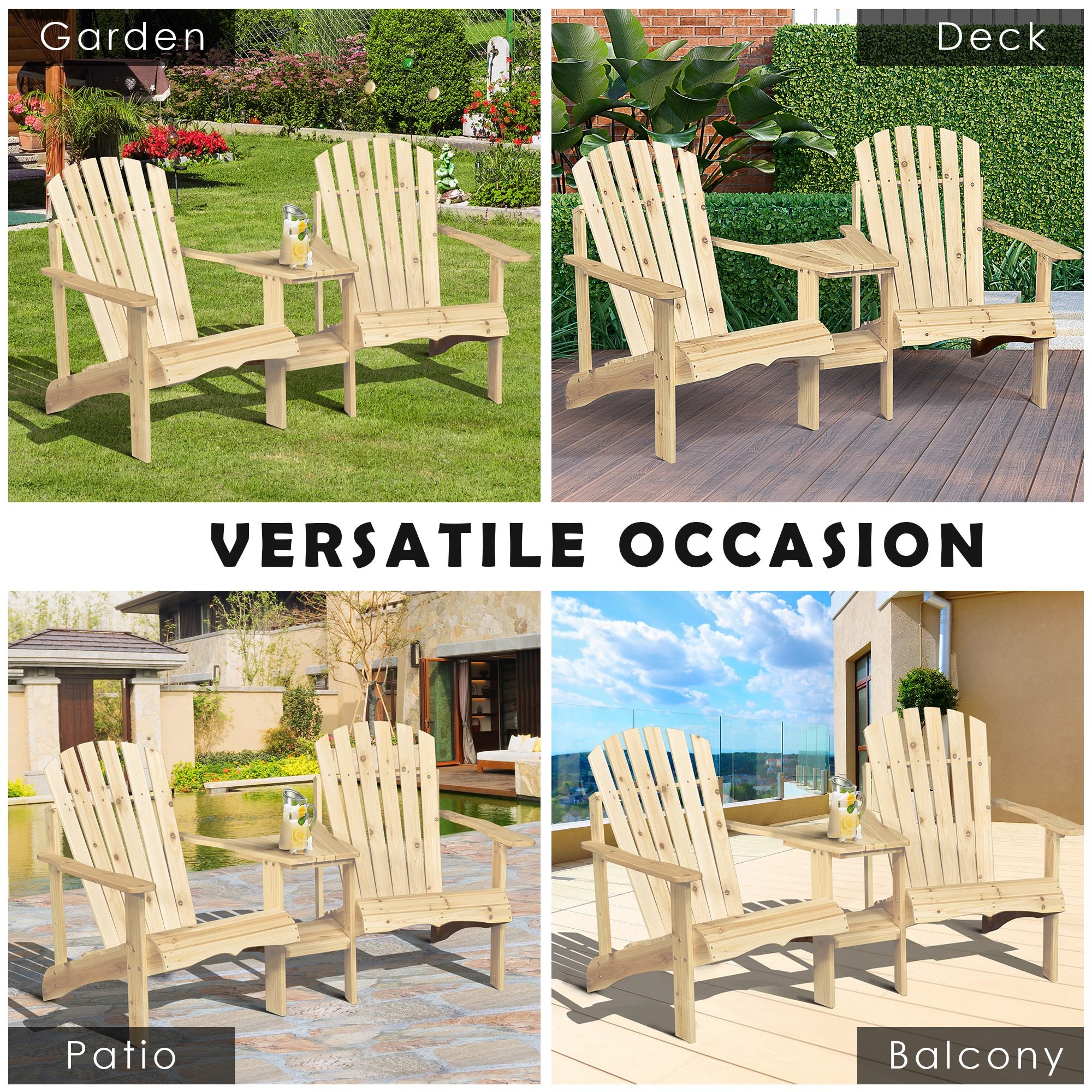 Outsunny Wooden Outdoor Double Adirondack Chairs Loveseat w/ Centre Table and Umbrella Hole, Garden Patio Furniture for Lounging and Relaxing, Natural