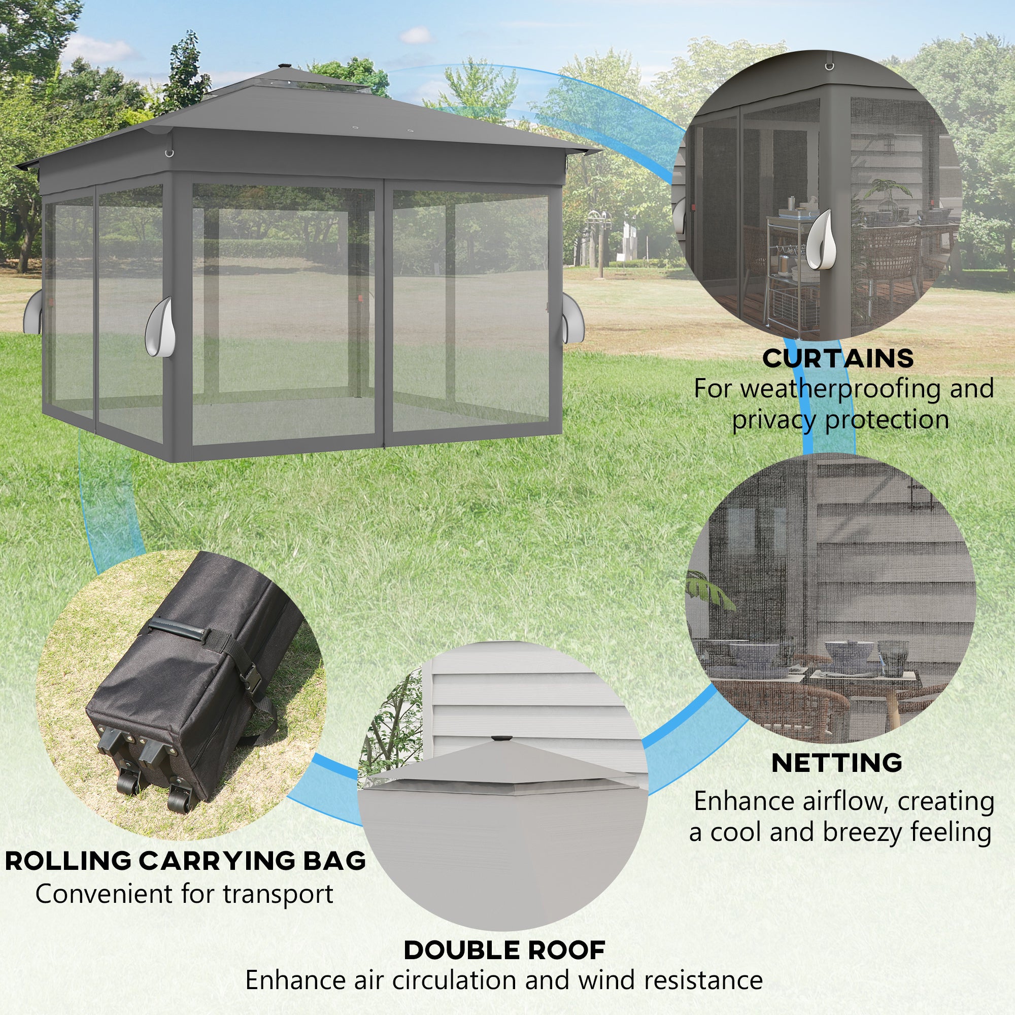 Outsunny 3 x 3(m) Pop Up Gazebo Party Tent with Solar-Powered LED Lights, Adjustable Event Shelter with Netting, Grey - North Peak Garden Furniture