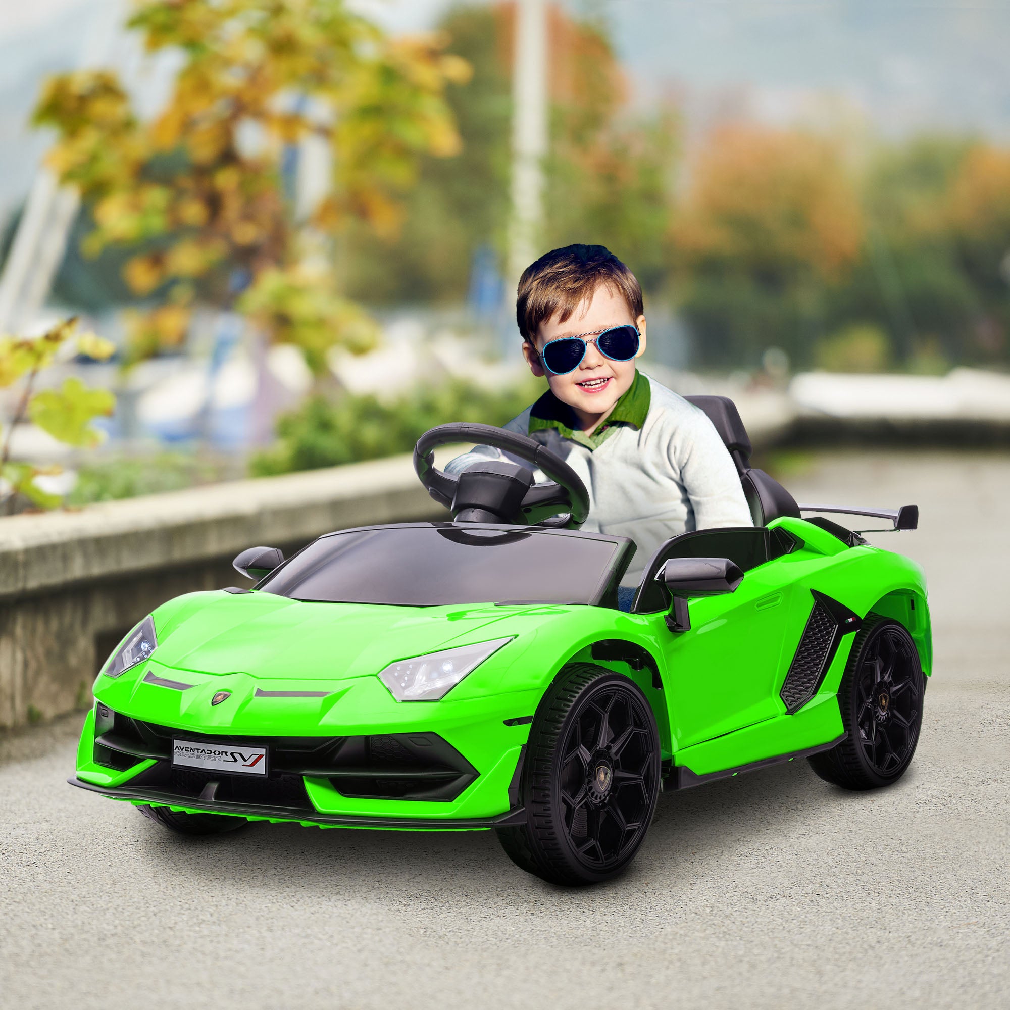 HOMCOM Lamborghini Licensed 12V kids Electric Car w/ Butterfly Doors, Remote, Music, Horn, Suspension - Green - North Peak Garden Furniture