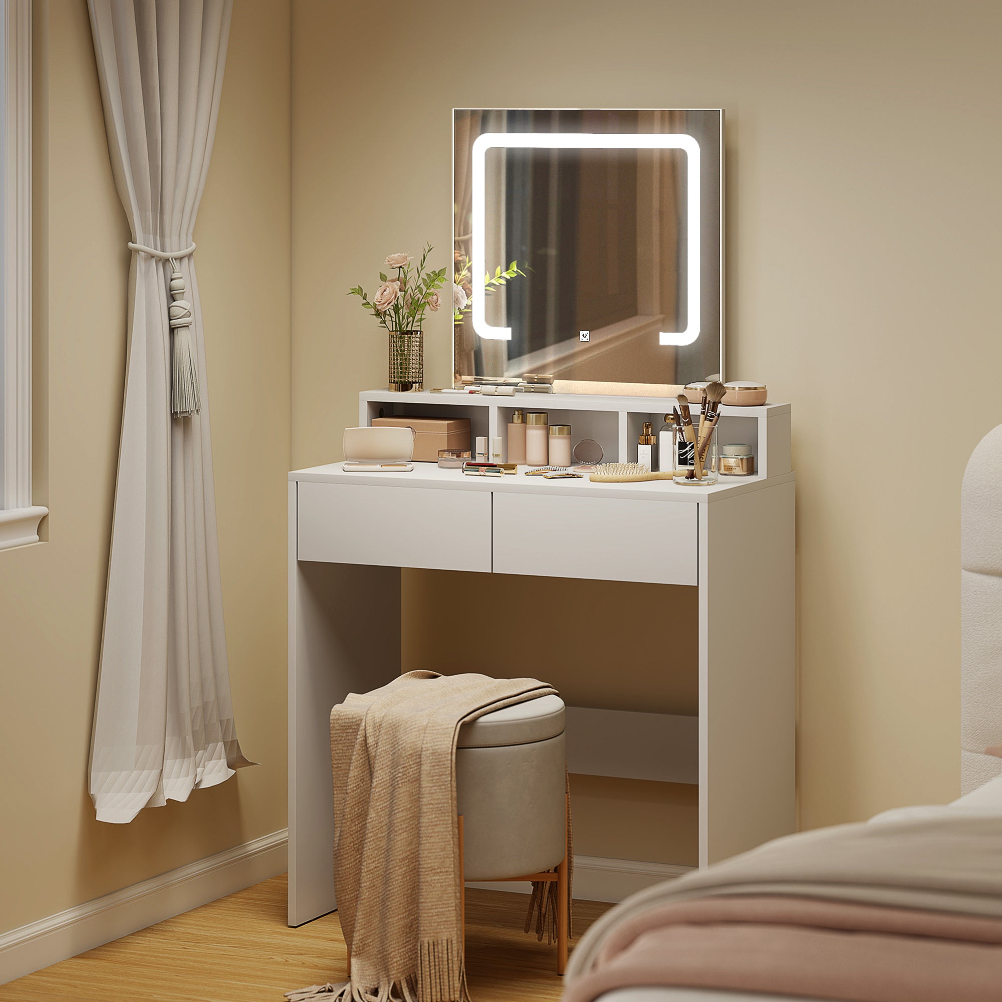 HOMCOM Dressing Table with Mirror and LED Lights, Vanity Table with 2 Drawers, 3 Compartments, 3 Colour Lighting, for Bedroom, Modern Dresser Makeup Desk for Women and Girls, White