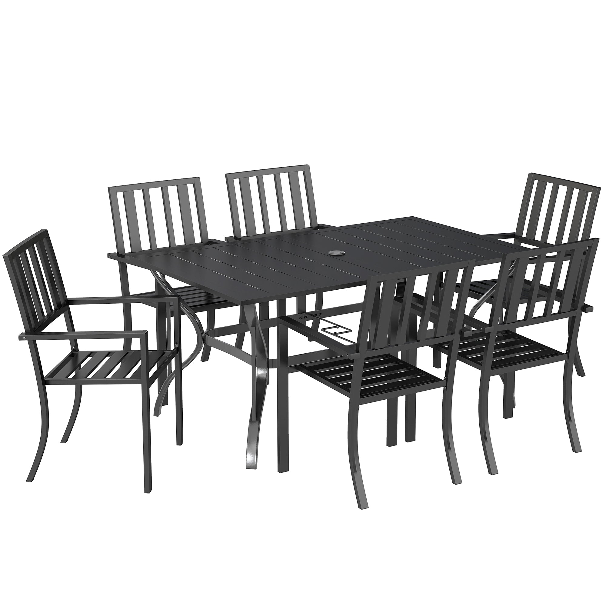 Outsunny 7 Pieces Garden Table and Chairs 6 Seater Outdoor Table and Chairs with Umbrella Hole, for Poolside, Garden, Black - North Peak Garden Furniture