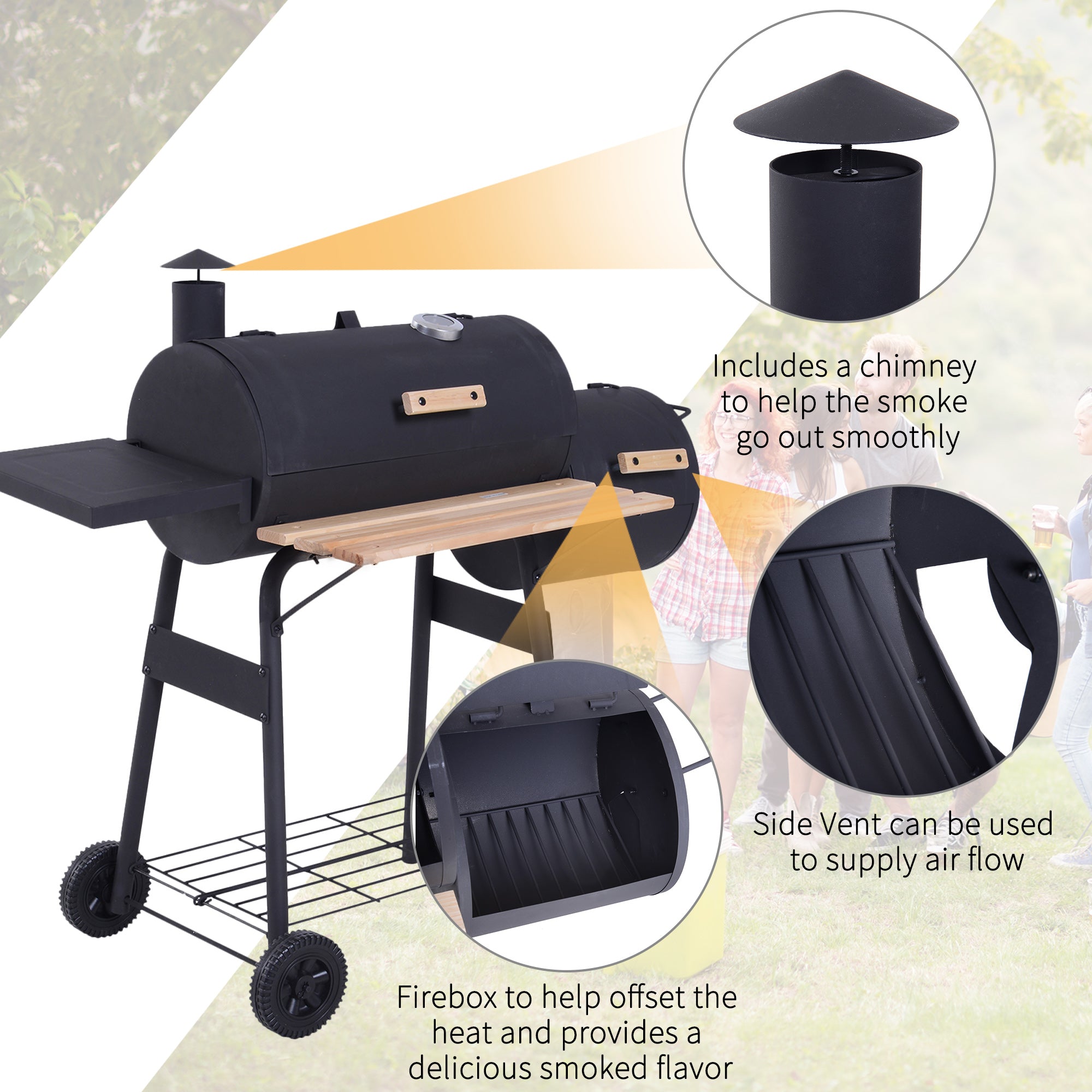 Outsunny Charcoal Barbecue Grill Garden Portable BBQ  Trolley w/ Offset Smoker Combo, Handy Shelves and On-lid Thermometer