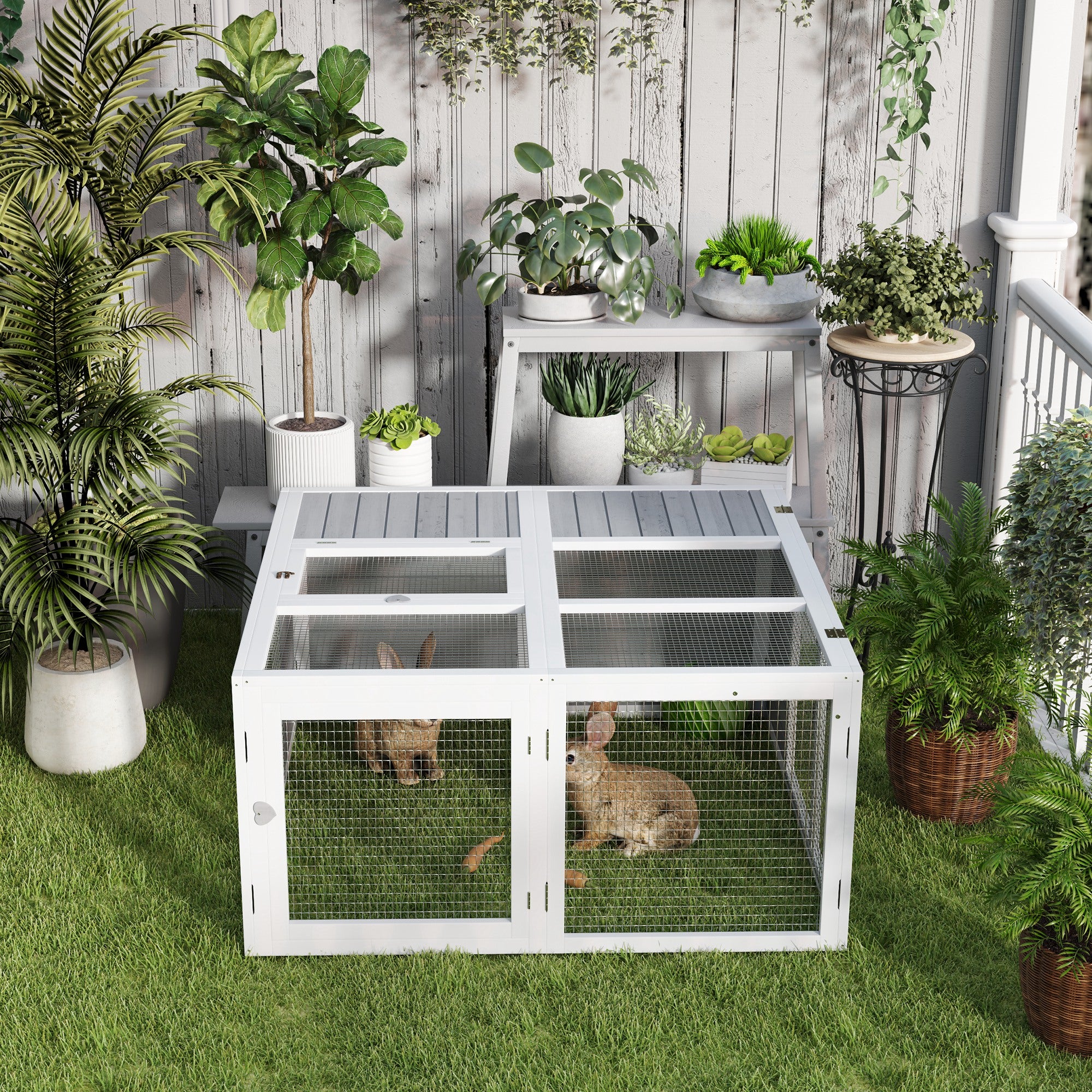 PawHut Rabbit Hutch with Openable Foldable Roof, Light Grey - North Peak Garden Furniture