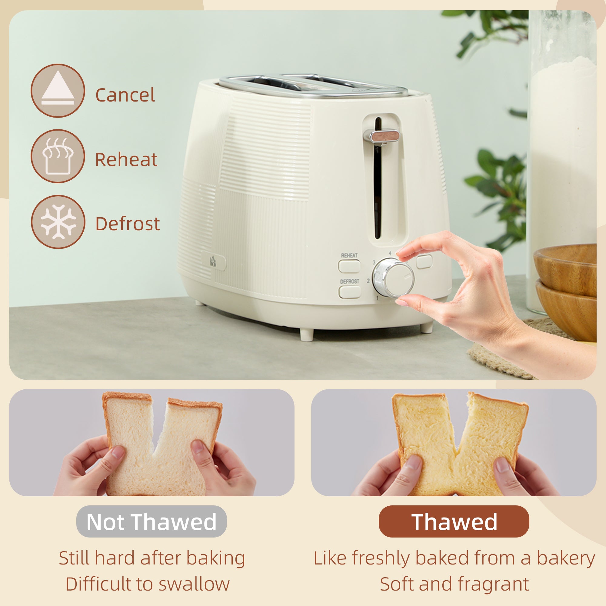 HOMCOM Kettle and Toaster Set, 1.7L 3000W Fast Boil Kettle & 2 Slice Toaster Kitchen Set with 7 Level Browning Controls, Defrost, Reheat, Boil-dry Protection, Cream White - North Peak Garden Furniture
