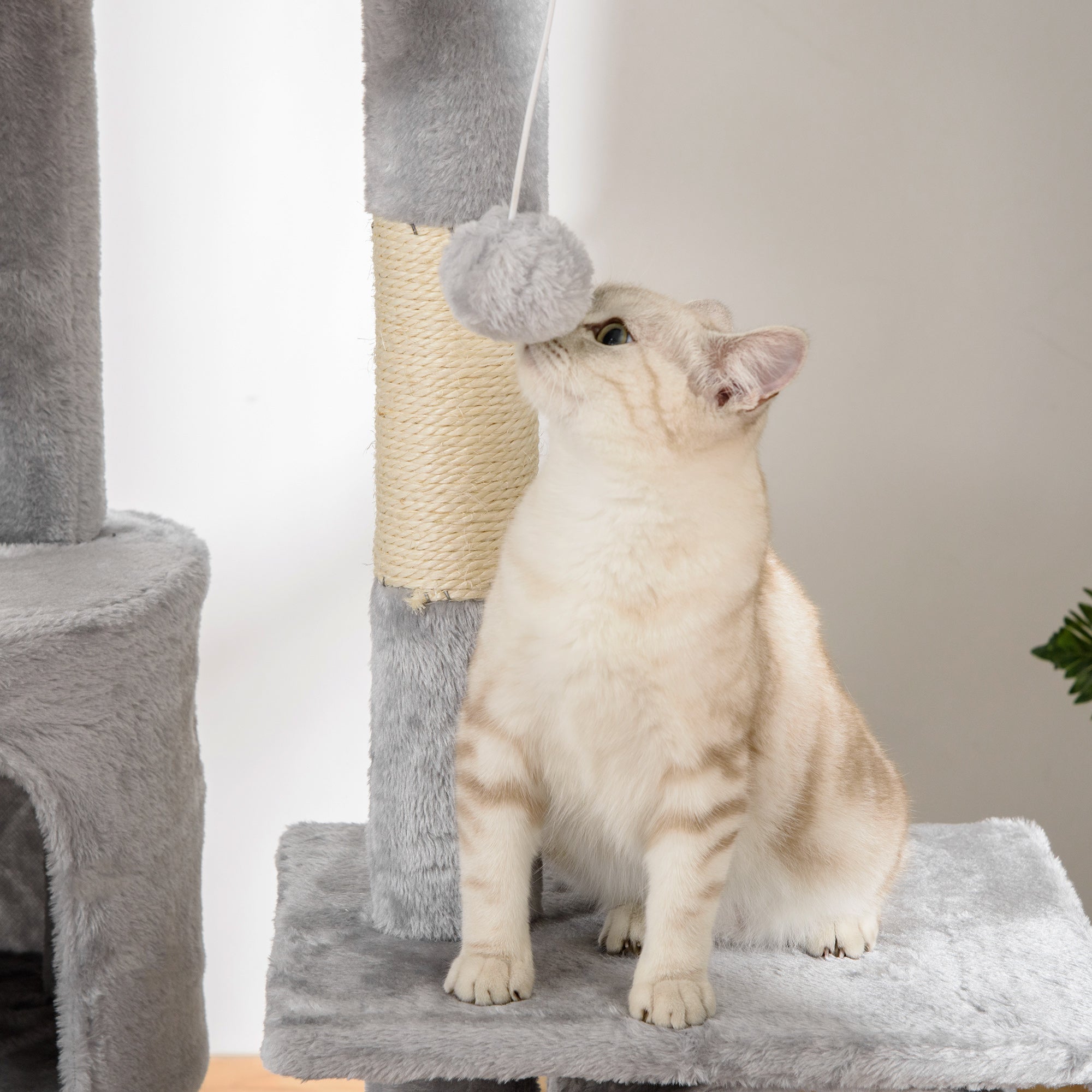 PawHut Floor to Ceiling Cat Tree for Indoor Cats, 240-260cm, Adjustable Height - Light Grey - North Peak Garden Furniture