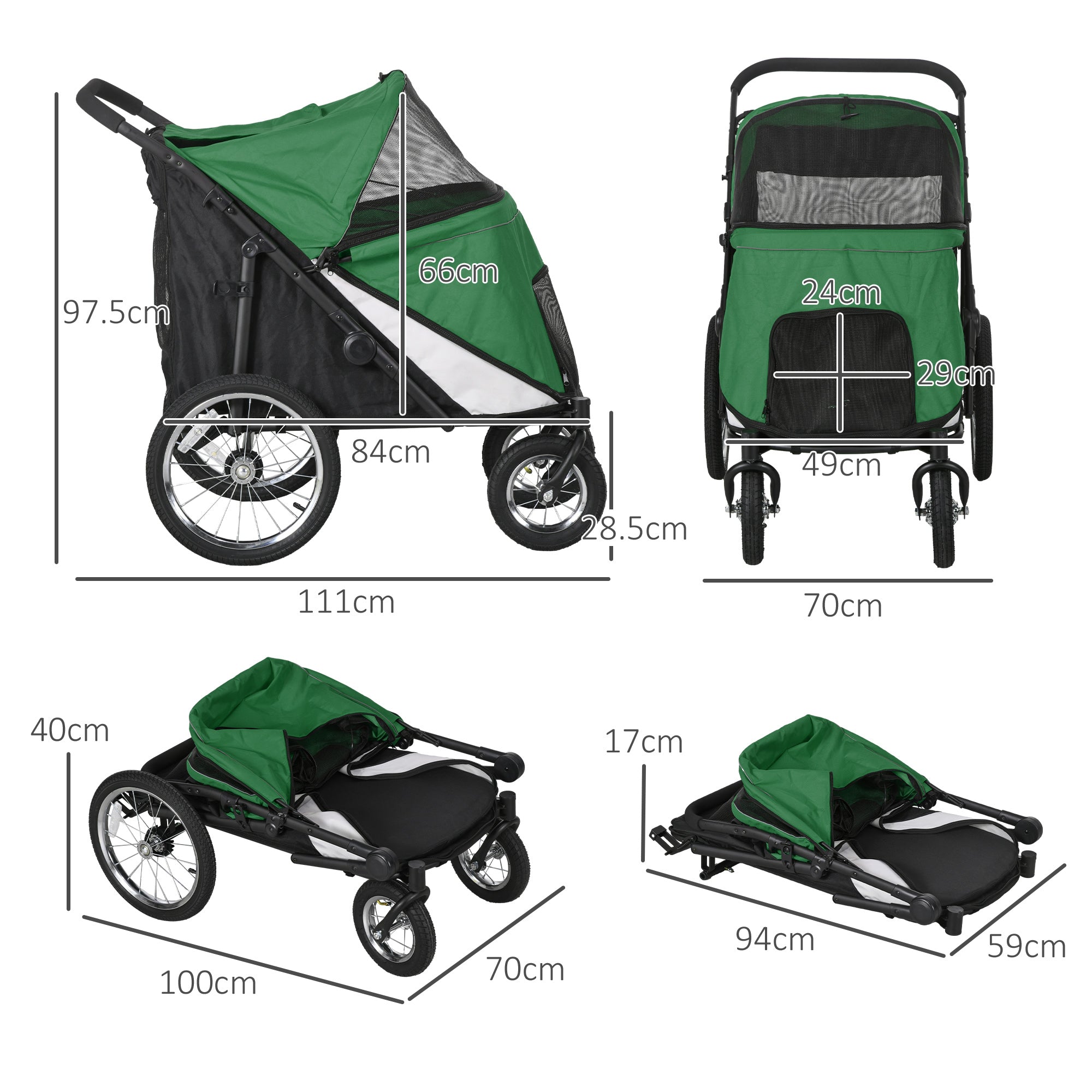 PawHut Foldable Pet Stroller, with Washable Cushion, Storage Bags, Safety Leash, for Medium, Large Dogs, Catts, Travel - Green