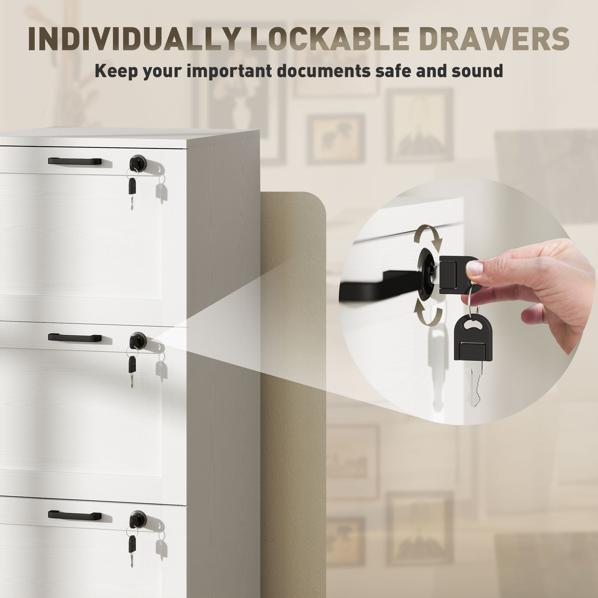 HOMCOM 3-Drawer Filing Cabinet with Lock - White - North Peak Garden Furniture