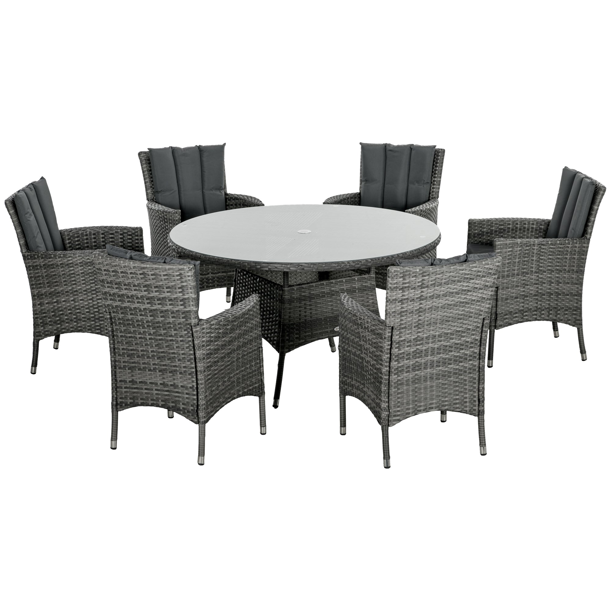 Outsunny Seven-Piece Rattan Dining Table, with Round Glass-Top Table - North Peak Garden Furniture