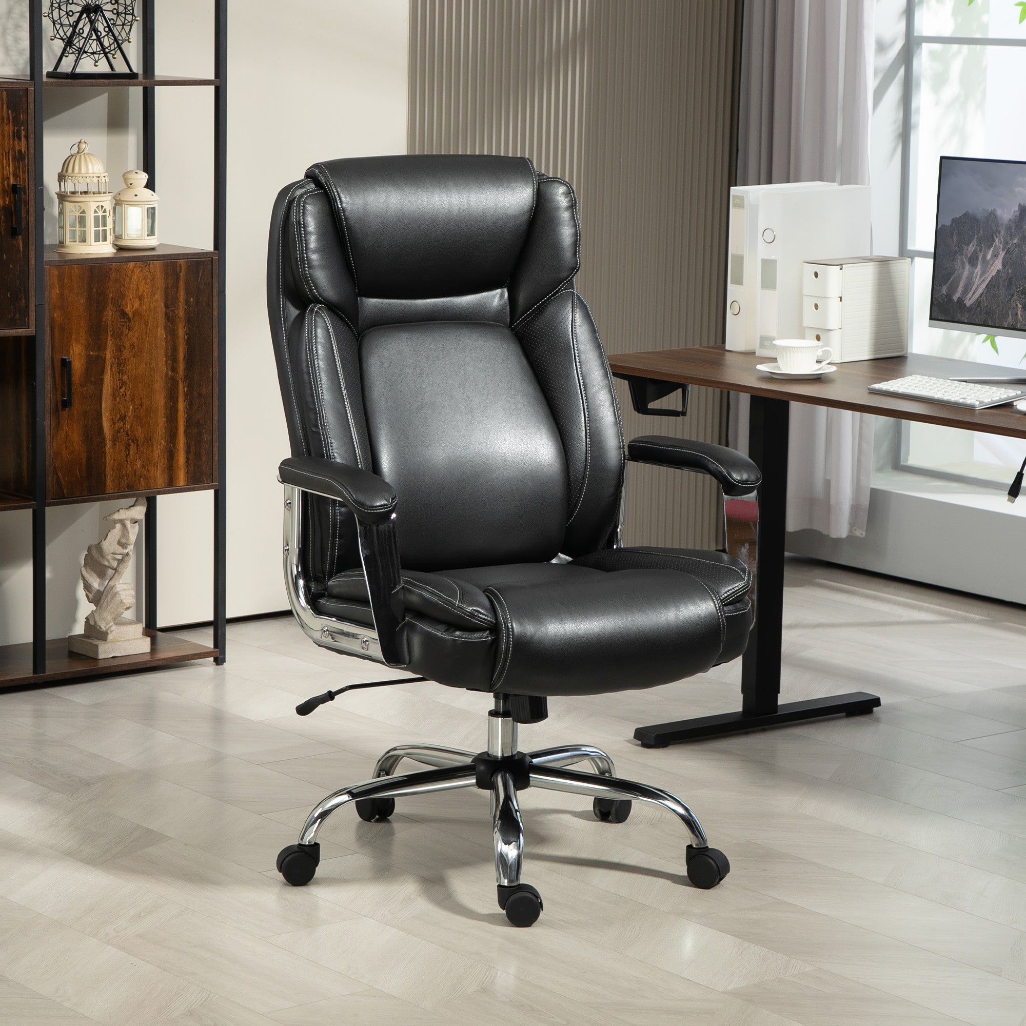 HOMCOM Ergonomic Office Chair, Heavy Duty Faux Leather Desk Chair with Tilt Function, Adjustable Height, 227kg 500LBS Swivel Computer Chair for Home Study, Black - North Peak Garden Furniture