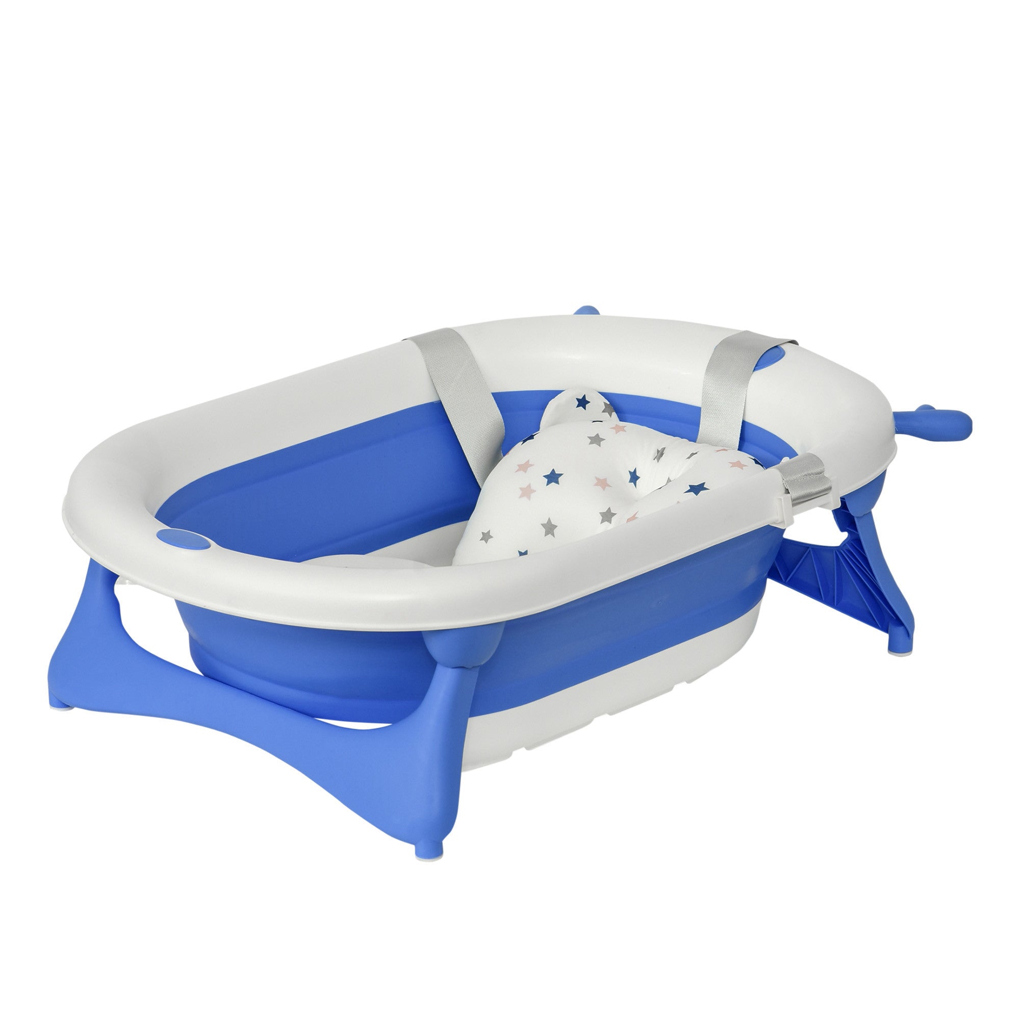 HOMCOM Foldable Baby Bathtub Set, Collapsible Bath Tub with Thermostatic Water Plug, Non-Slip Support, Cushion Pad, Drain Plugs, for Newborn to 3 Years - Blue - North Peak Garden Furniture