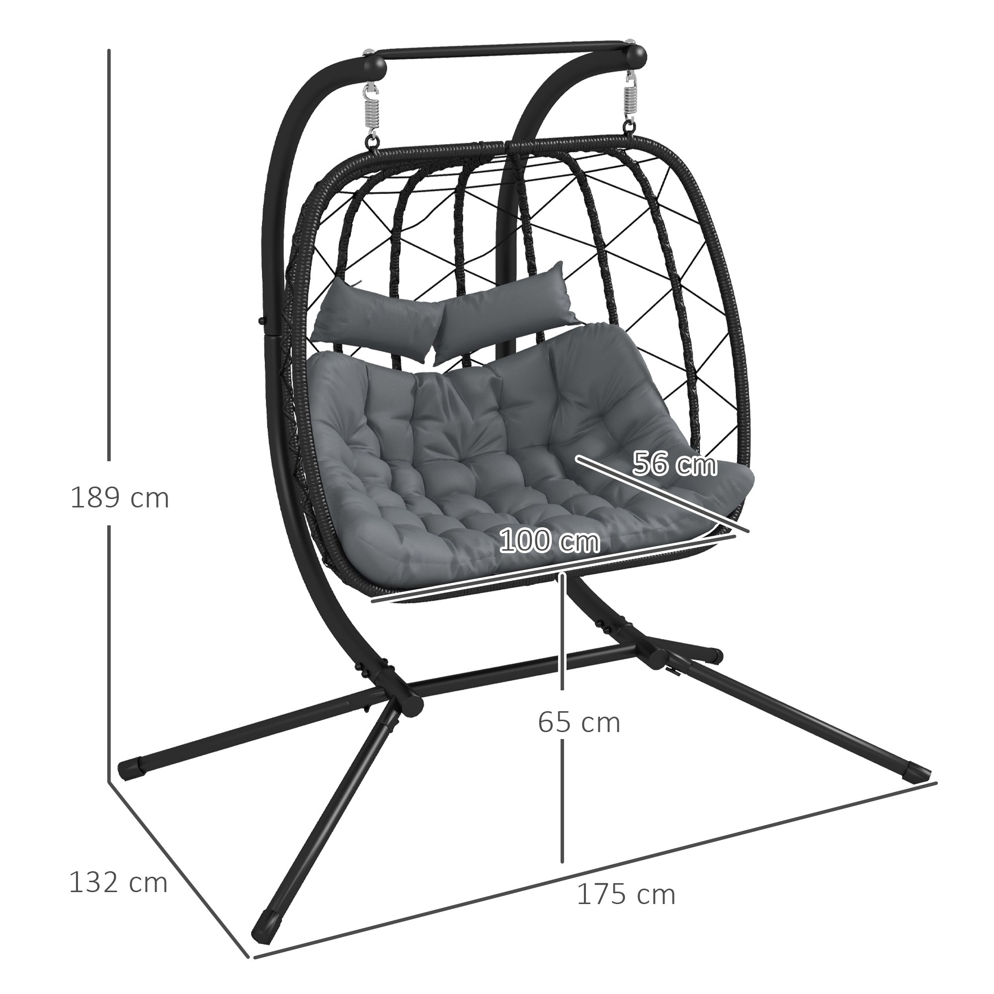 Outsunny Two-Seater Steel Frame Hanging Egg Chair - Black - North Peak Garden Furniture