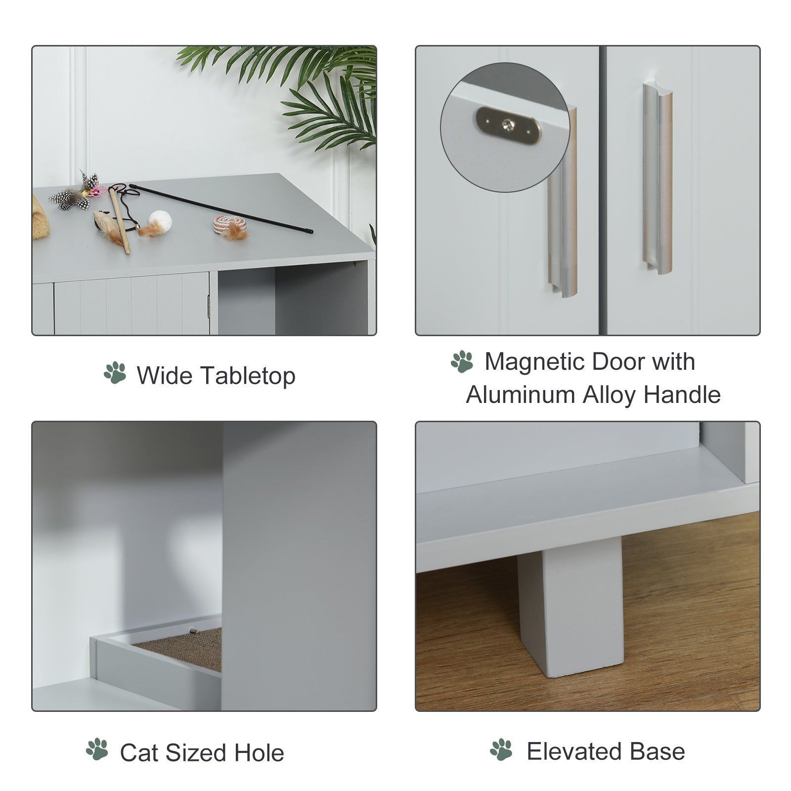 PawHut Wooden Cat Litter Box Enclosure & House with Nightstand/End Table Design, Scratcher, & Magnetic Doors, Grey - North Peak Garden Furniture