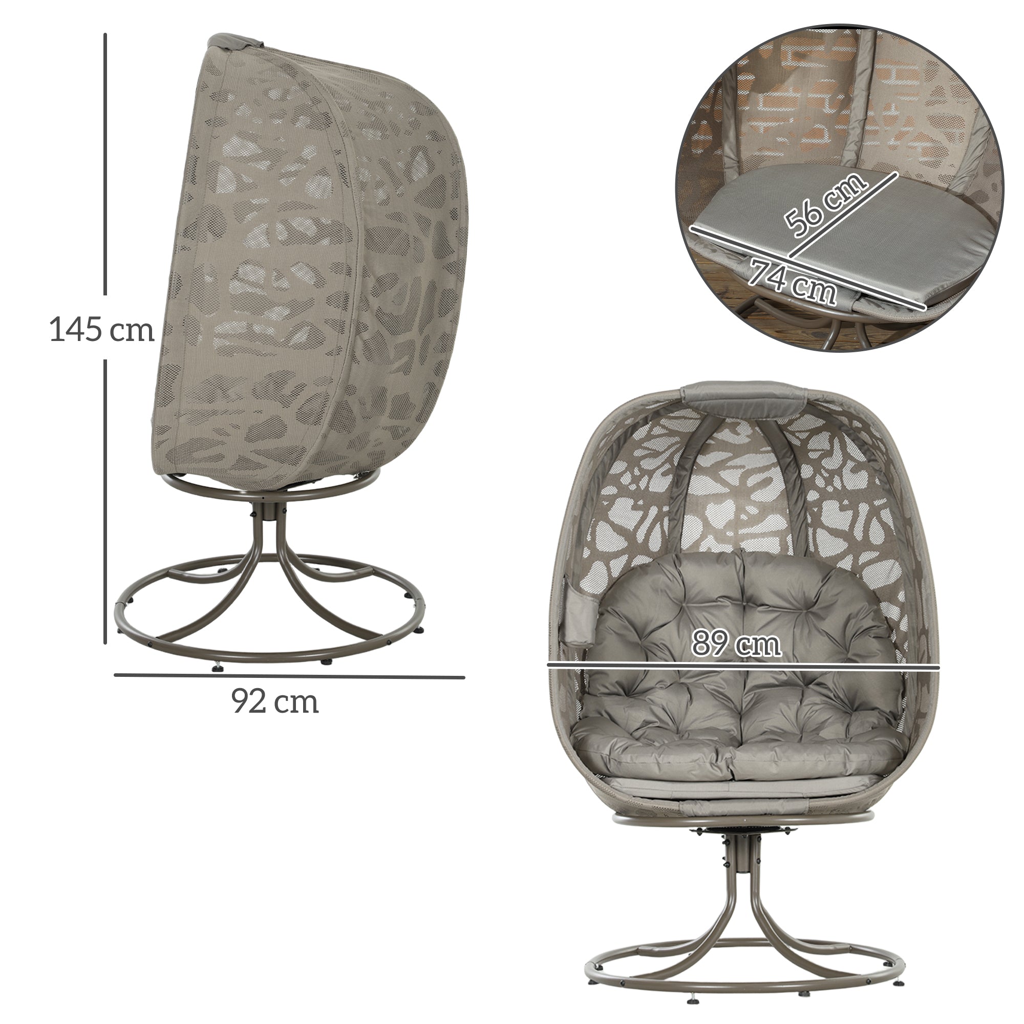 Outsunny Swivel Egg Chair with Cushions, Foldable Basket Seat and Metal Frame, Indoor Outdoor Lounge Chair for Balcony, Poolside, Patio and Living Room, Sand Brown - North Peak Garden Furniture