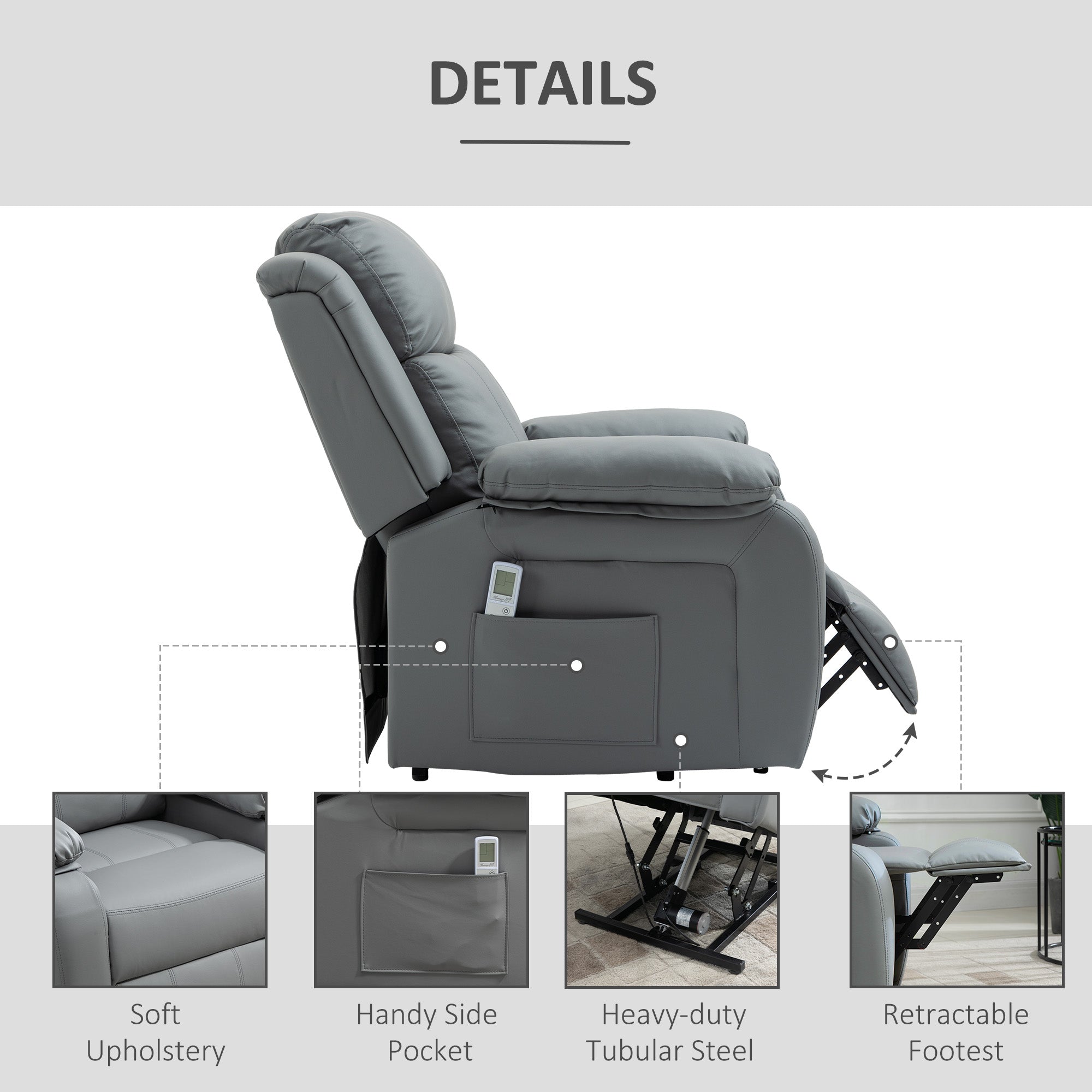 HOMCOM Electric Power Lift Recliner Chair Vibration Massage Reclining Chair with Remote Control and Side Pocket, Grey - North Peak Garden Furniture