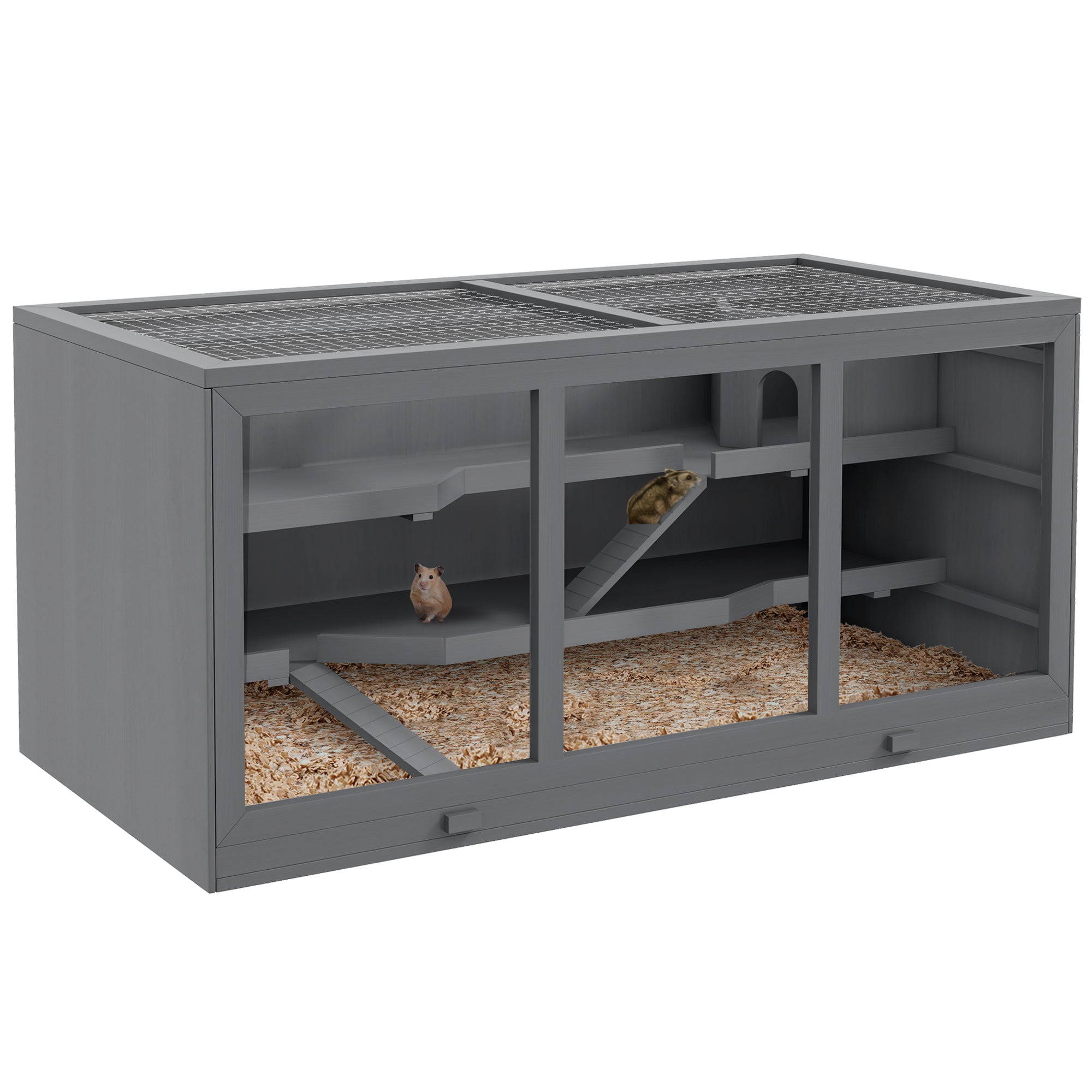 PawHut Wooden Hamster Cage, Small Animals Hutch with Tray, Openable Top, Exercise Play House Pen, 115L x 57W x 55Hcm, Grey - North Peak Garden Furniture