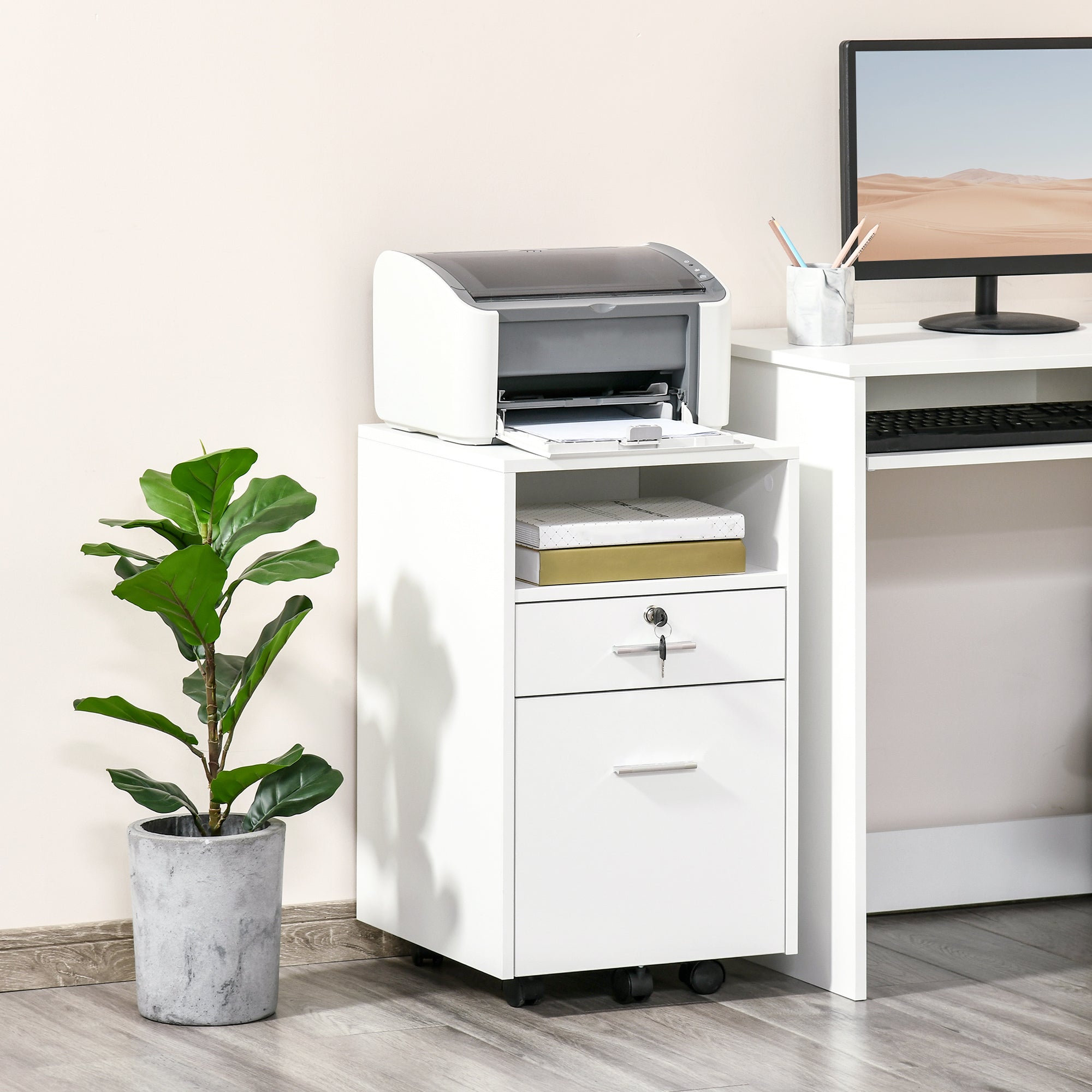 Vinsetto Lockable Two-Drawer Filing Cabinet, with Wheels - White - North Peak Garden Furniture