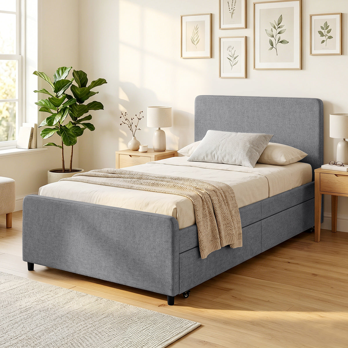 HOMCOM 3ft Single Bed Frame with Trundle, Upholstered Pull Out Trundle Bed with Headboard and Footboard, Dark Grey