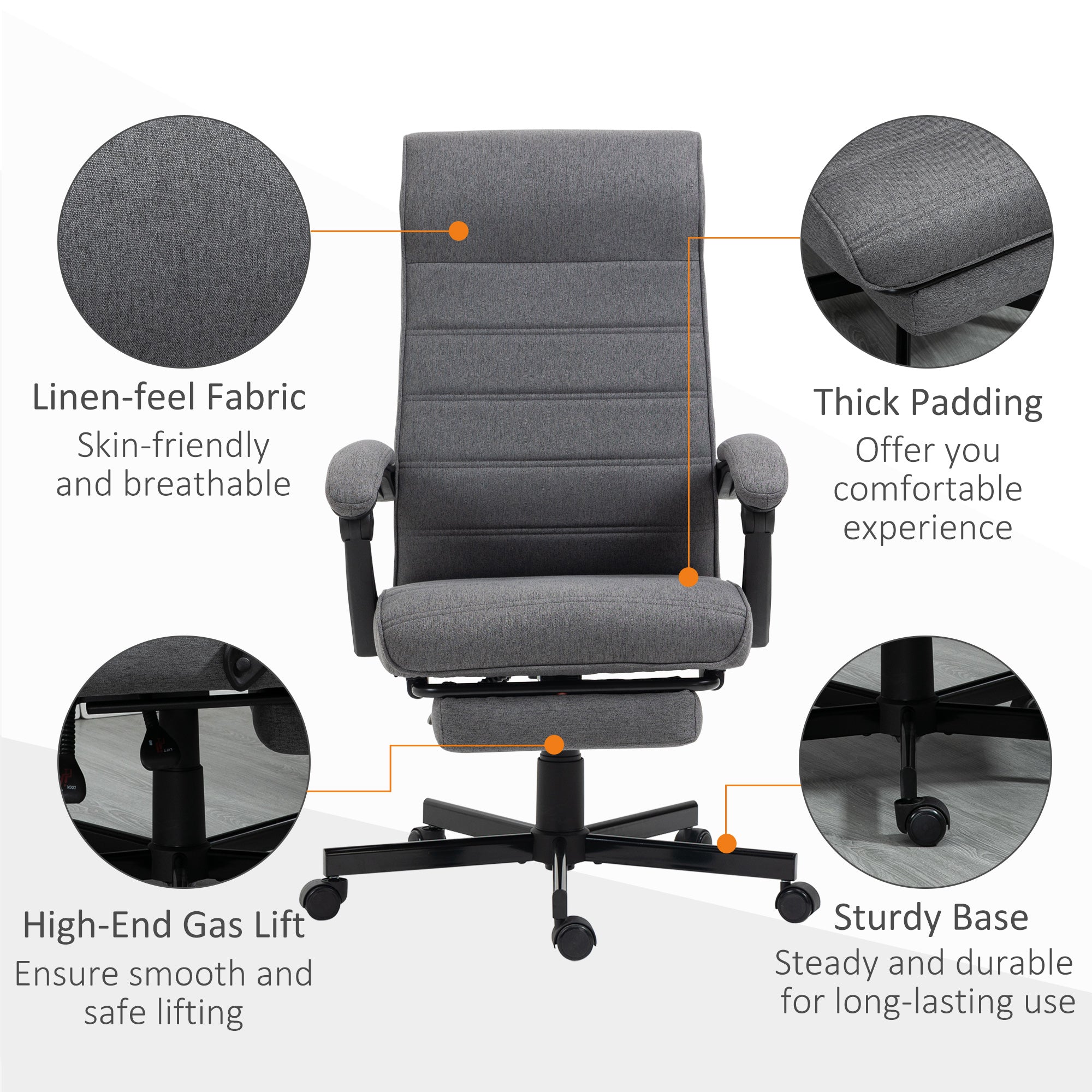 Vinsetto Office Chair, Computer Desk Chair, Fabric Swivel Chair with Adjustable Height and Rolling Wheels for Home Office Work Study, Grey - North Peak Garden Furniture