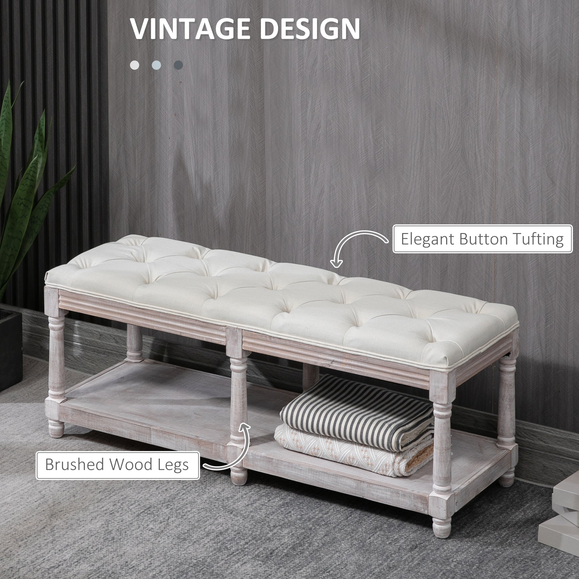 HOMCOM 2-Tier Bed End Bench, Vintage Stool, Wooden Window Seat with Storage Shelf, Button Tufted Upholstered Footstool for Living Room, Bedroom, Entryway, Cream White - North Peak Garden Furniture