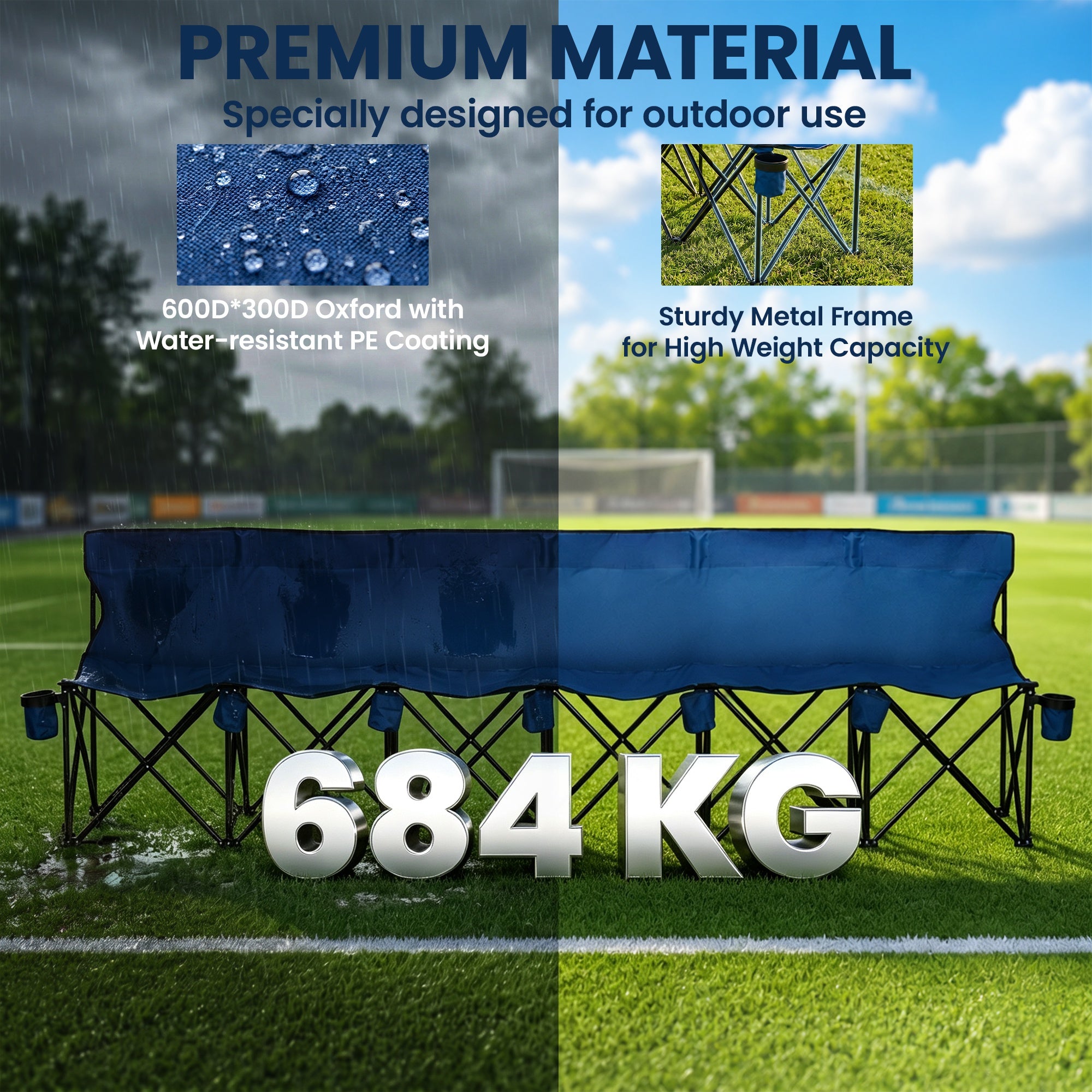 Outsunny 6 Seater Folding Bench, Outdoor Camping Chair Portable Sports Spectator Chair with Steel Frame, Cup Holder & Carry Bag, Blue