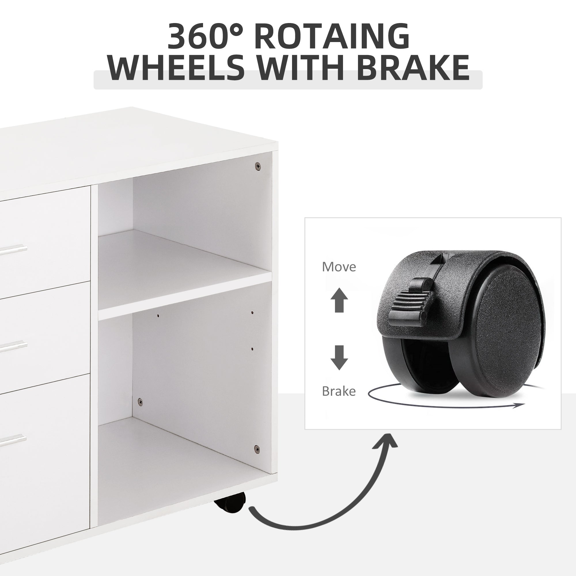 HOMCOM Freestanding Printer Stand Unit Office Desk Side Mobile Storage w/ Wheels 3 Drawers, 2 Open Shelves Modern Style 80L x 40W x 65H cm - White - North Peak Garden Furniture