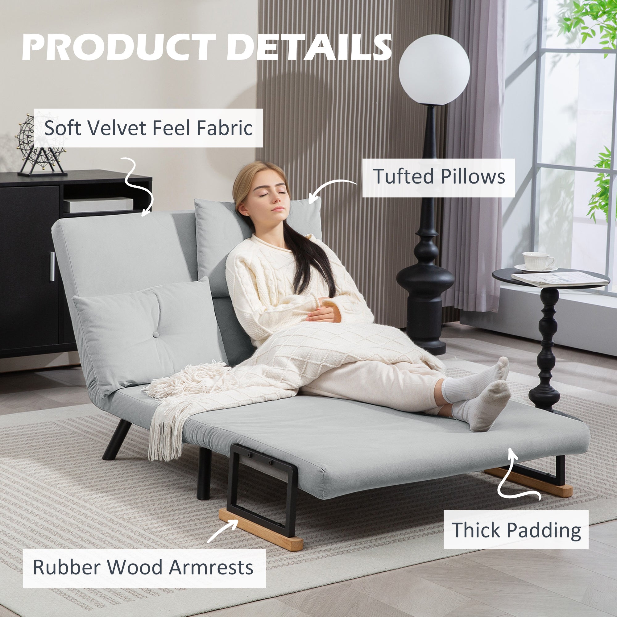 HOMCOM 4-in-1 Velvet-Feel Double Sofa Bed, with Pillows - Light Grey - North Peak Garden Furniture