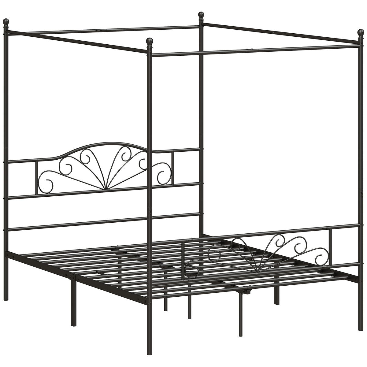 HOMCOM Canopy Bed Frame Double Size, Metal Platform Bed Frame with Headboard and Footboard, Underbed Storage, Black