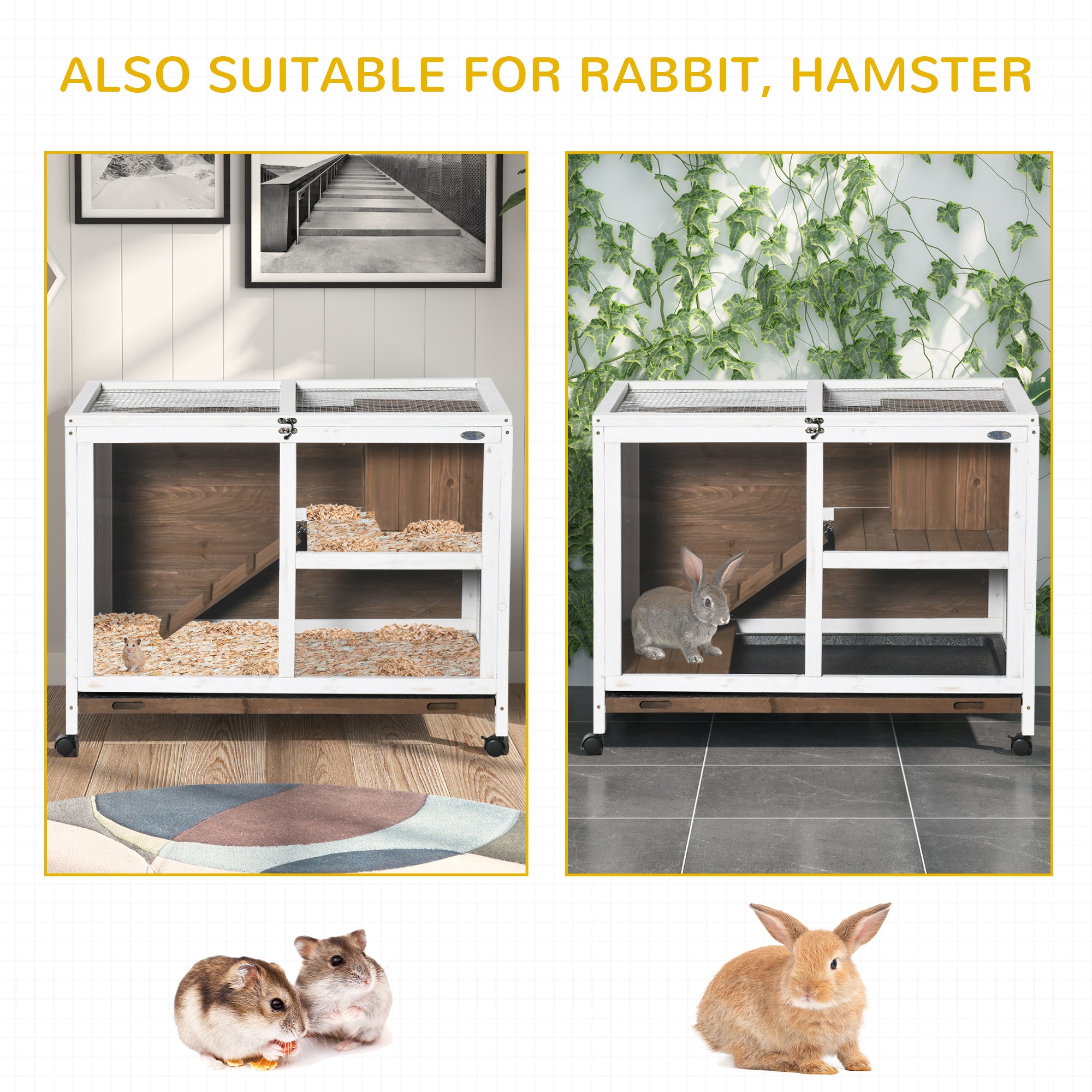 PawHut Wooden Rabbit Hutch, Bunny Cage w/ Tray, Ramp, Openable Roof, Wheels, 91.5 x 53.3 x 73cm - Brown