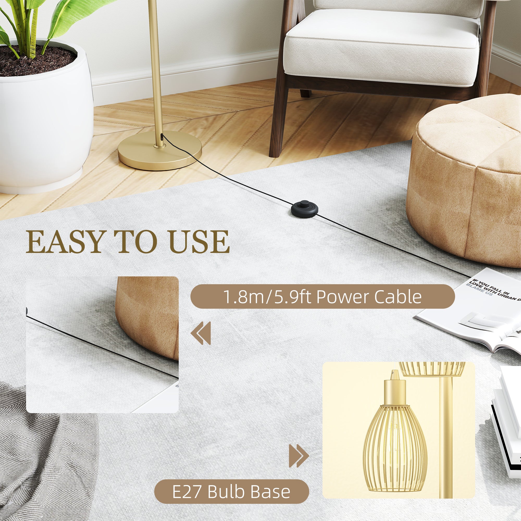 HOMCOM 170cm Industrial 3-Light Floor Lamp, Dimmable Standing Lamp with Steel Lampshades for Living Room, Bedroom, Dinging Room, Study, Gold Tone