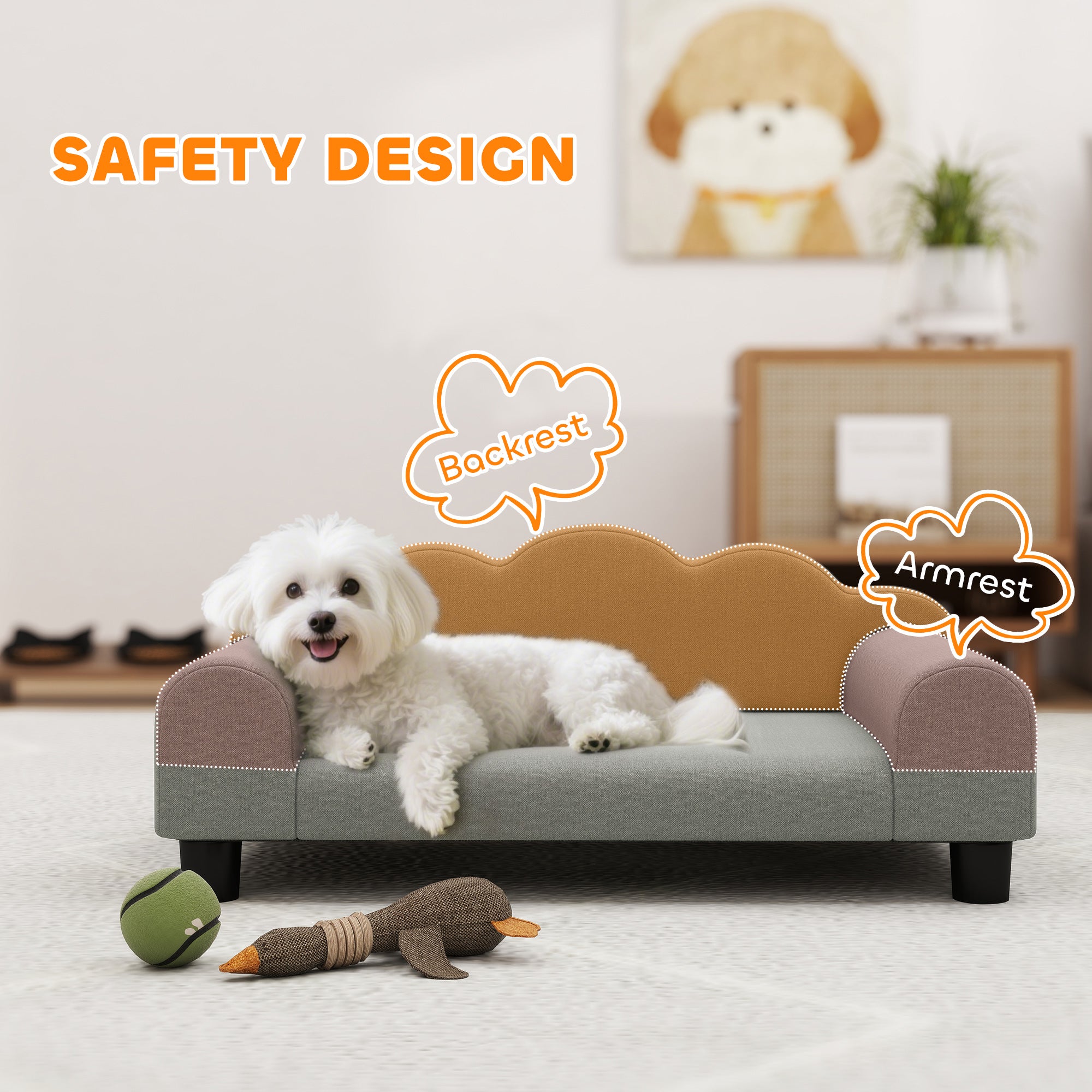 PawHut Elevated Dog Sofa Bed, Breathable Pet Sofa with Backrest and Armrest for Small Dogs, Grey