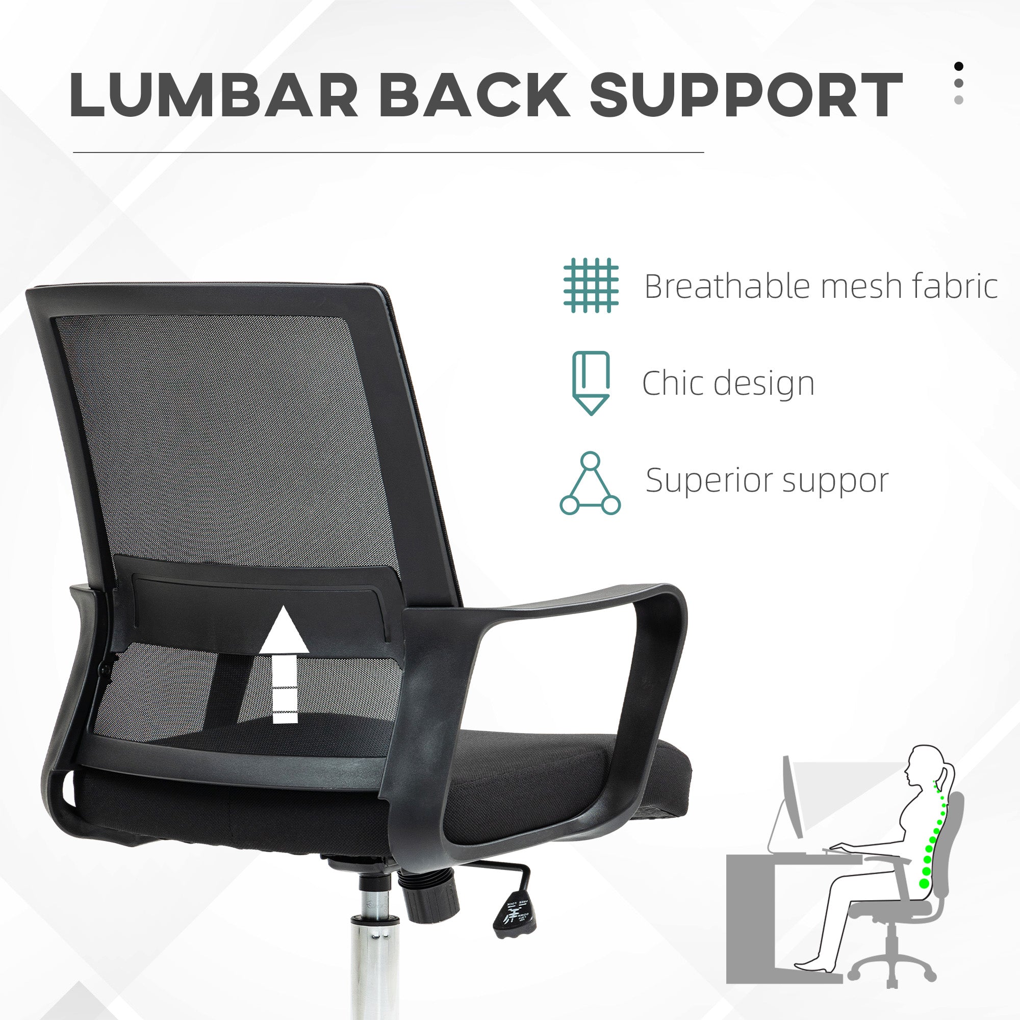 Vinsetto Mesh Back Office Chair, with Wheels - Black - North Peak Garden Furniture