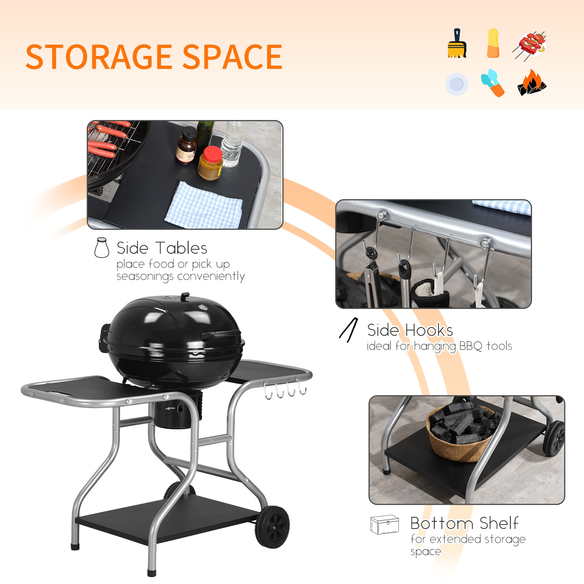 Outsunny Portable Charcoal Kettle Grill Outdoor Barbecue Trolley BBQ Heat Smoker Grilling with Two wheels, Free Standing Black - North Peak Garden Furniture