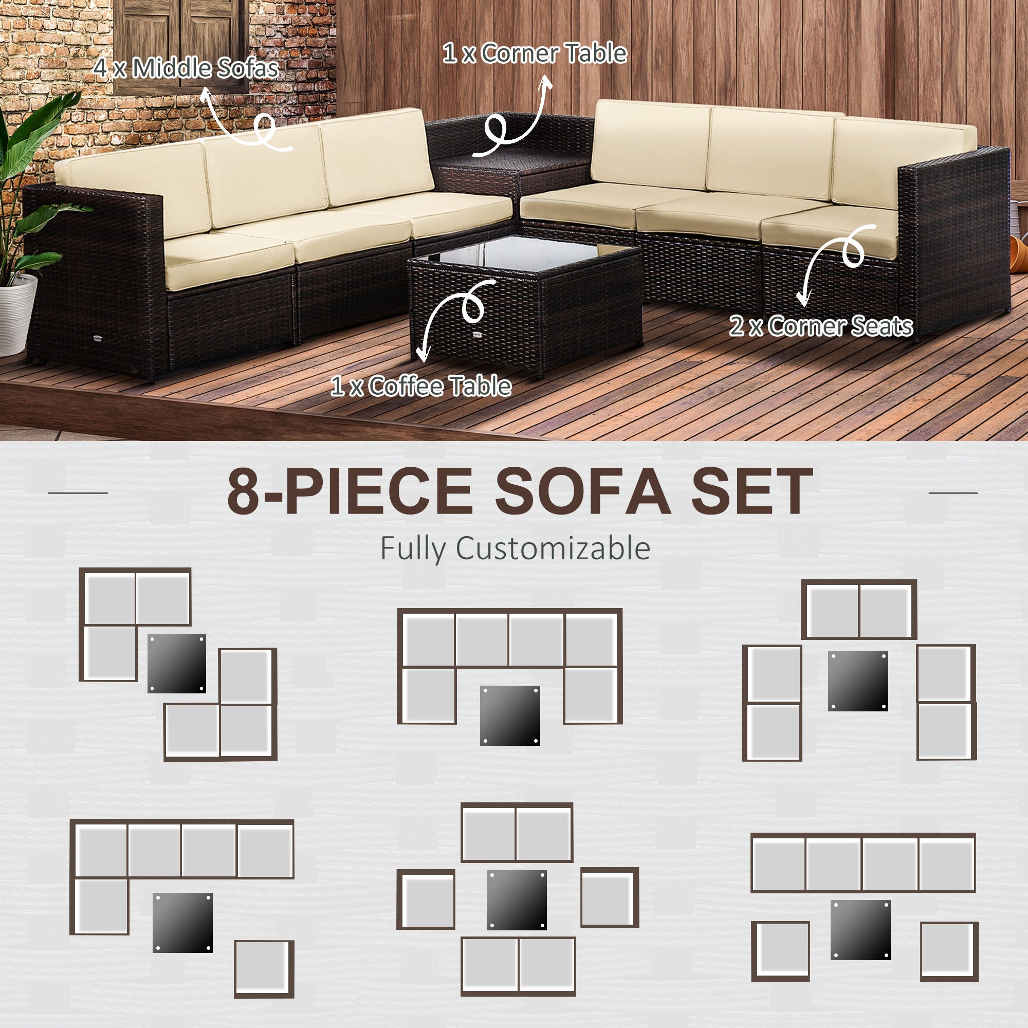 Outsunny 6-Seater Rattan Sofa Furniture Set W/Cushions, Steel Frame-Brown - North Peak Garden Furniture
