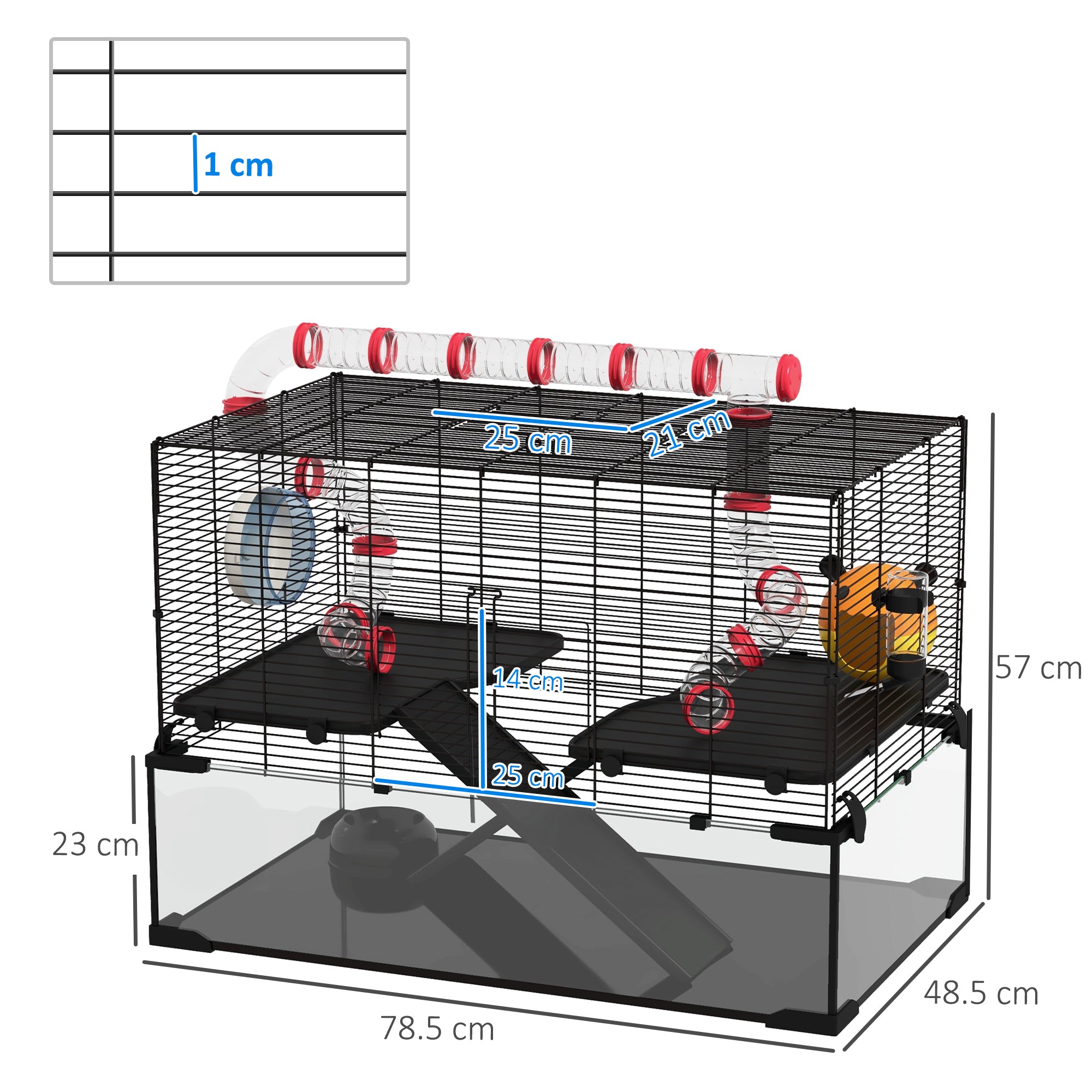 PawHut Gerbil Cage, Dwarf Hamster Cage, with Deep Glass Bottom, Tunnels, Ramps, Hut, Exercise Wheel, 78.5 x 48.5 x 57cm - North Peak Garden Furniture