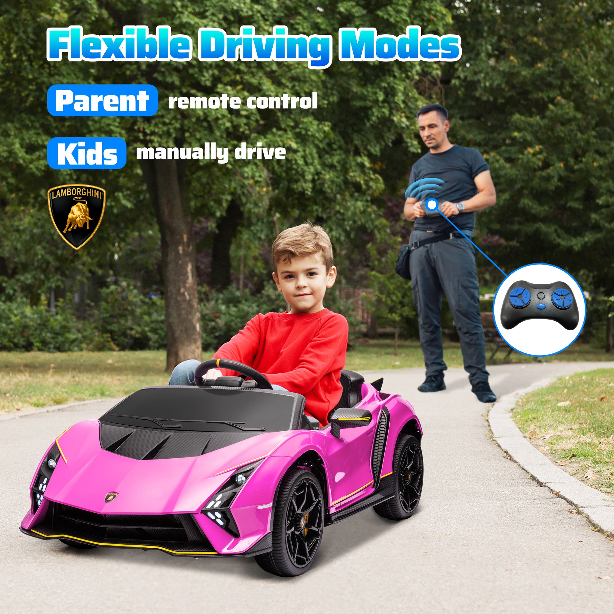 AIYAPLAY 12V Lamborghini Autentica Licensed Kids Electric Car with Remote Control, 4 Suspension Wheels, Soft Start, Pink - North Peak Garden Furniture