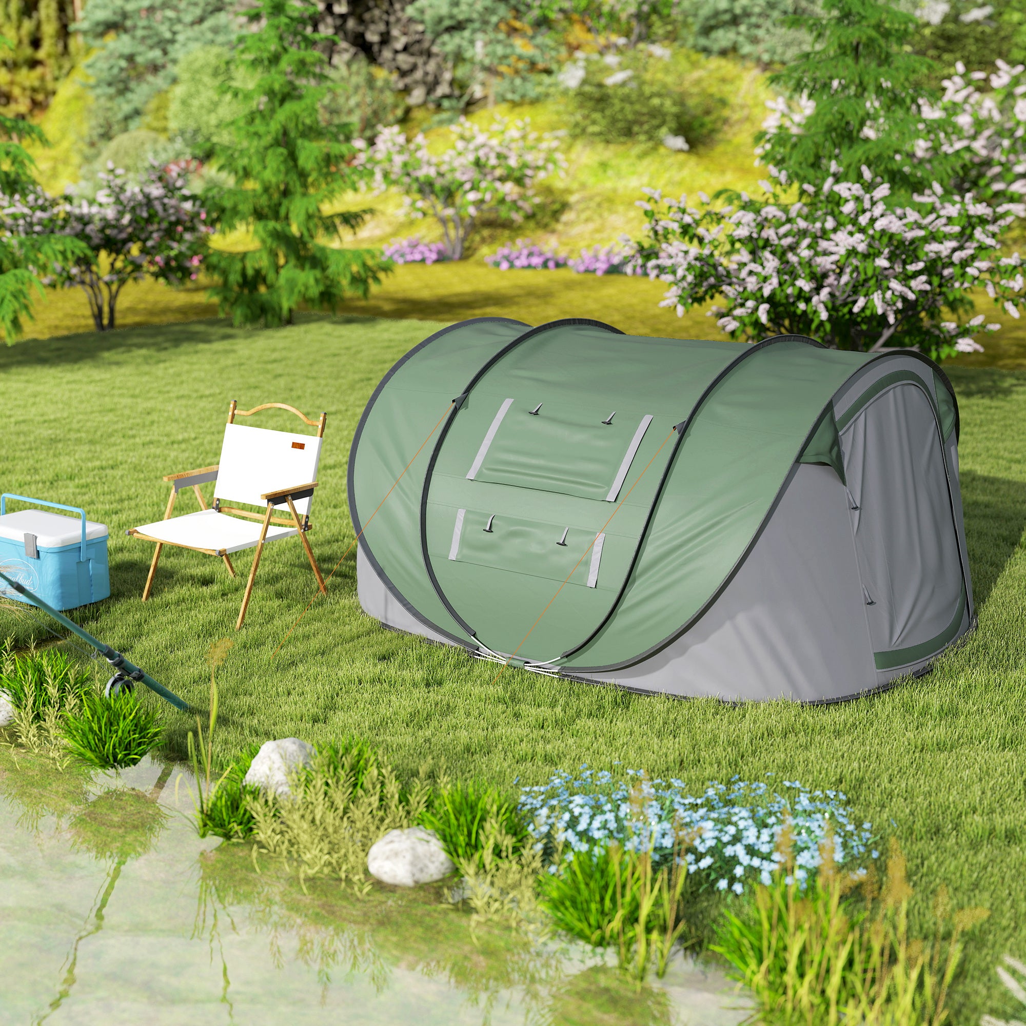 Outsunny 4-5 Person Pop-up Camping Tent Waterproof Family Tent w/ 2 Mesh Windows & PVC Windows Portable Carry Bag for Outdoor Trip, Dark Green