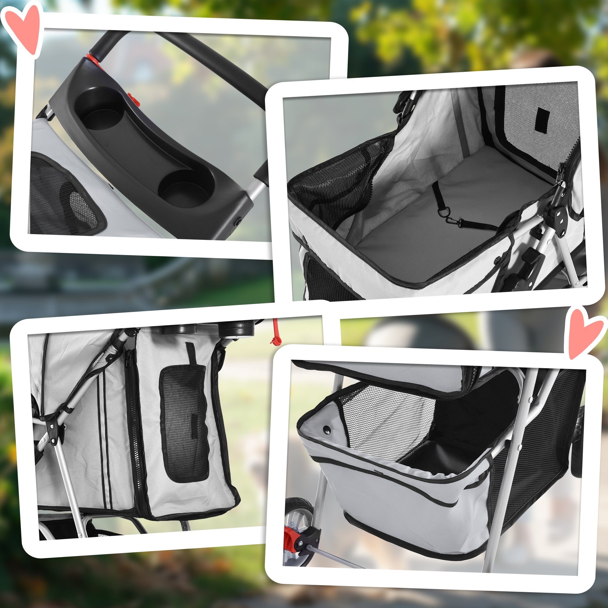 PawHut Dog Stroller, 3 Wheels Foldable Cat Dog Pram with Cup Holder, Storage Basket, Pet Stroller for Small Miniature Dogs, Grey - North Peak Garden Furniture