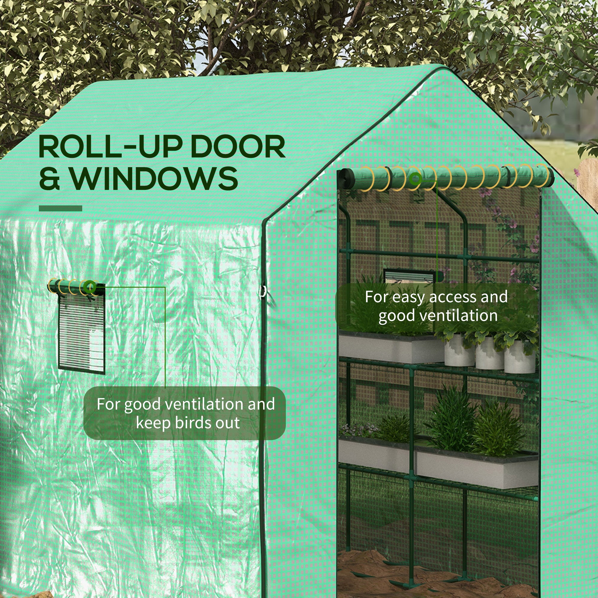 Outsunny Greenhouse Oasis: Walk-In PE Cover with 3 Tier Shelves, Roll-Up Door & Mesh Windows, 140x213x190cm, Verdant Green | Aosom UK