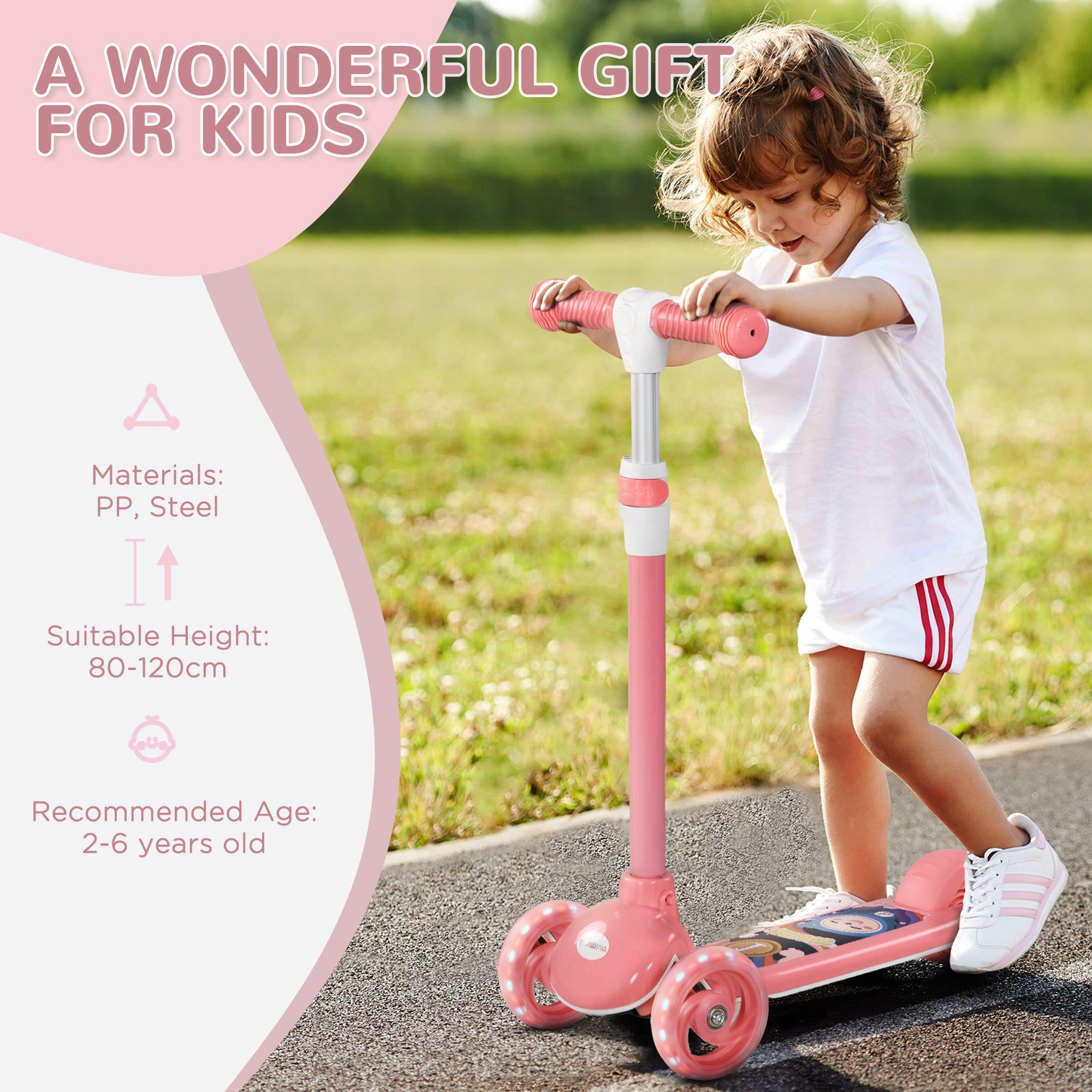 AIYAPLAY Kids 3 Wheel Scooter for 2-6 Years Old w/ Adjustable Height, LED Light, TPE Handlebar, Pink - North Peak Garden Furniture