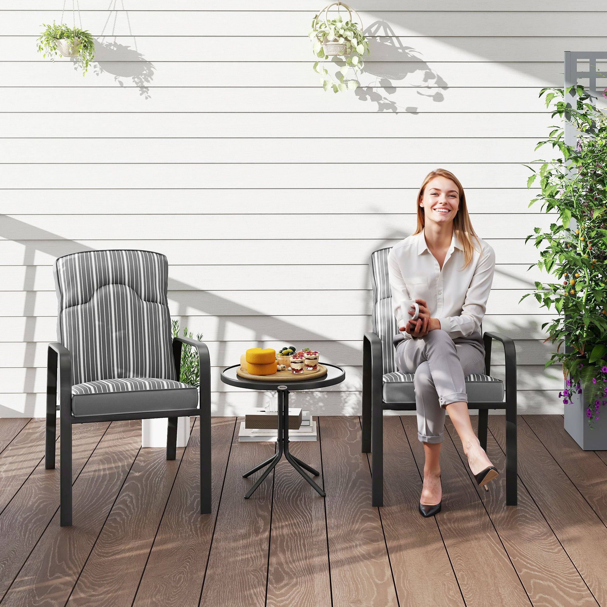 Outsunny 3-Piece Patio Bistro Set, 5-Position Adjustable Recliner Garden Chairs and Tempered Glass Table, Garden Furniture Set with Cushions, High Back, Armrests, Metal Frame for Balcony Patio, Grey - North Peak Garden Furniture