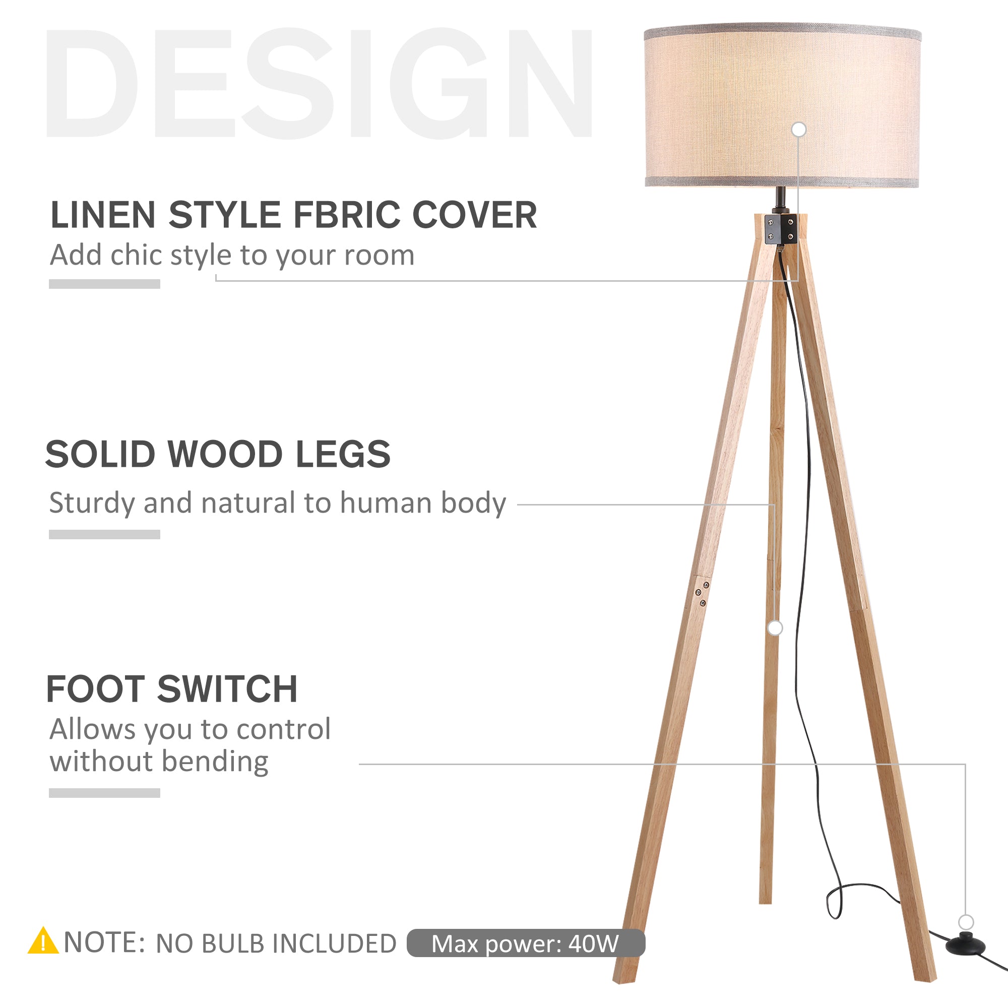 HOMCOM 5FT Elegant Wood Tripod Floor Lamp Free Standing E27 Bulb Lamp Versatile Use For Home Office - Beige