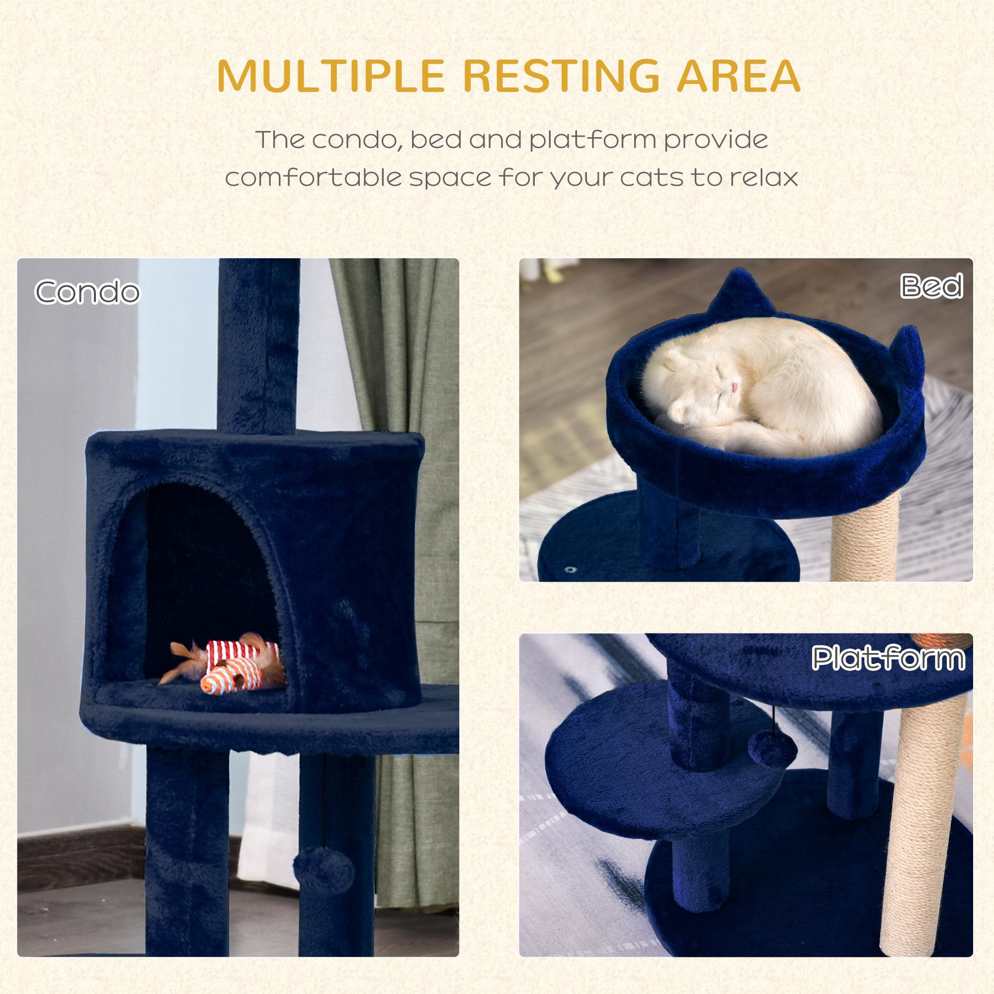 PawHut 104 cm Cat Tree, Cat Condo Tree Tower, Cat Activity Centre with Scratching Posts, Plush Perches, Hanging Ball - Blue - North Peak Garden Furniture