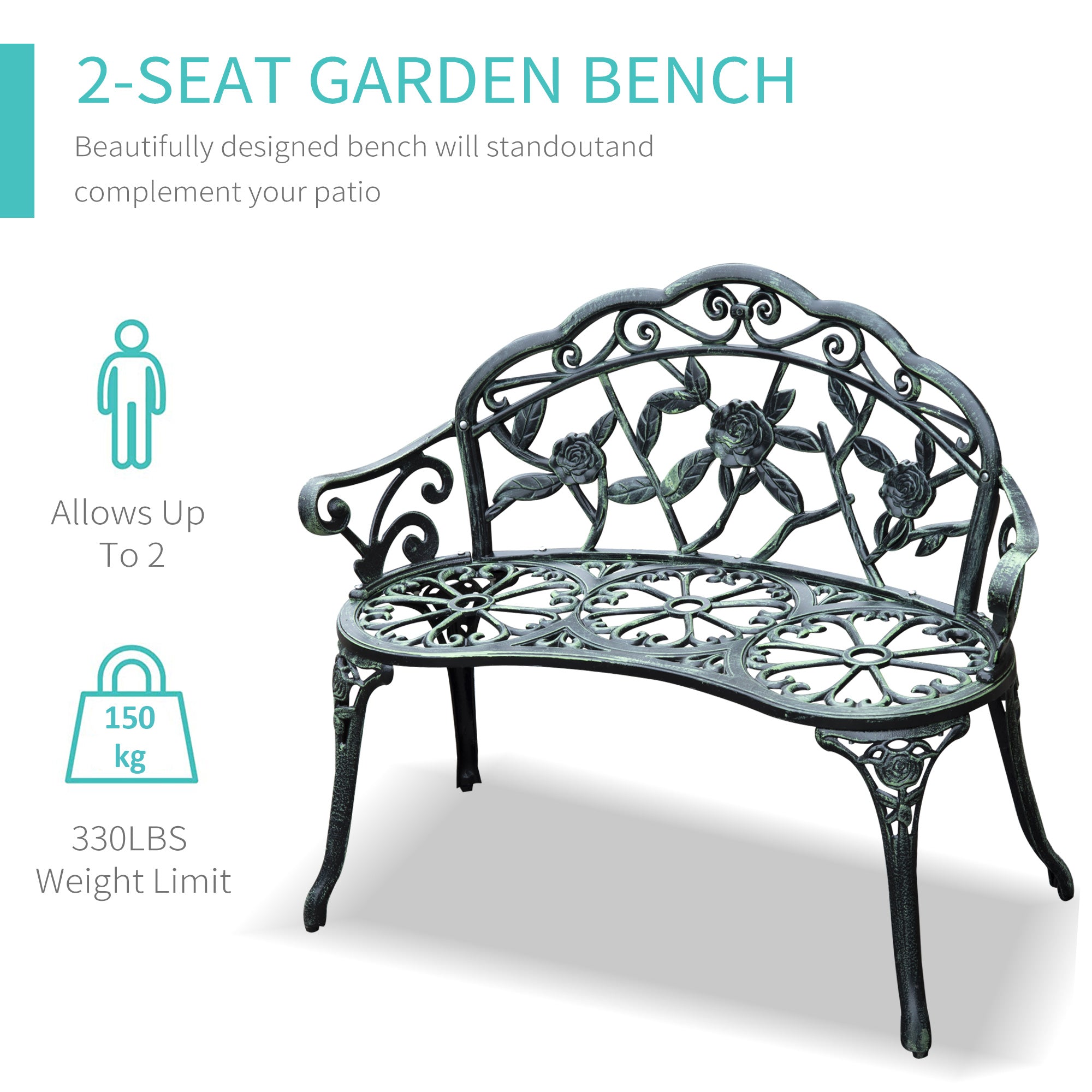 Outsunny Cast Aluminium Outdoor Garden Patio Antique Rose Style Bench Porch Park Chair Seater - Green